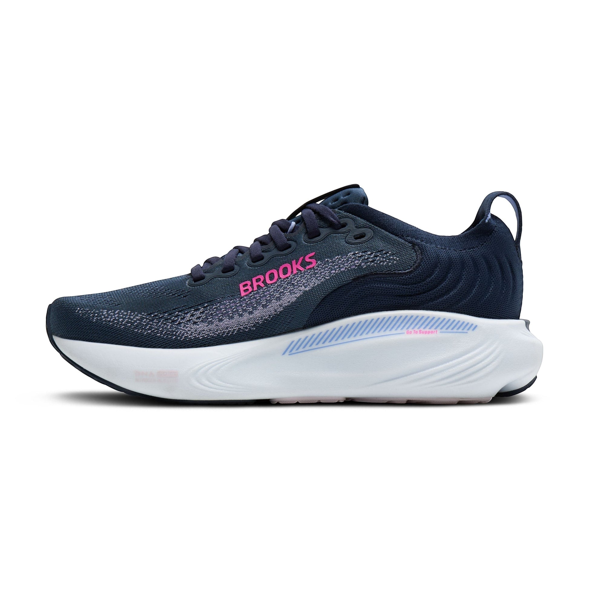 Allen's Bootery Women's Adrenaline 25 navy running shoe with pink Brooks logo and light pink accents. Features breathable mesh upper and white sole.
