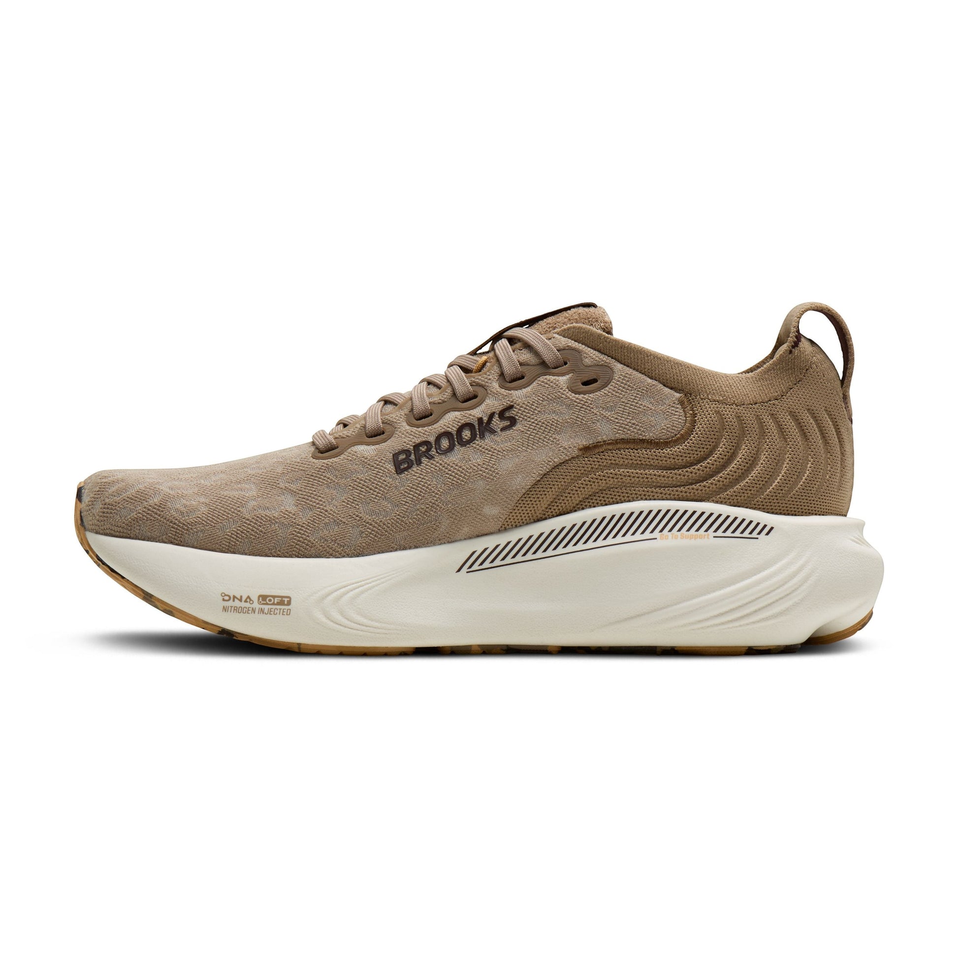 Allen's Bootery Women's Adrenaline 25 running shoe in greige/chocolate/latte with breathable upper and supportive cushioning.
