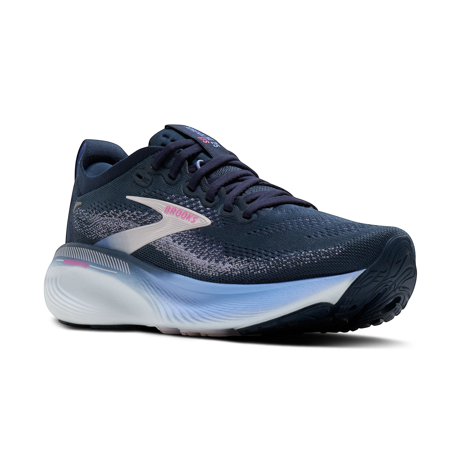 Allen's Bootery Women's Adrenaline 25 navy running shoe with pink accents and light blue sole. Breathable mesh upper.