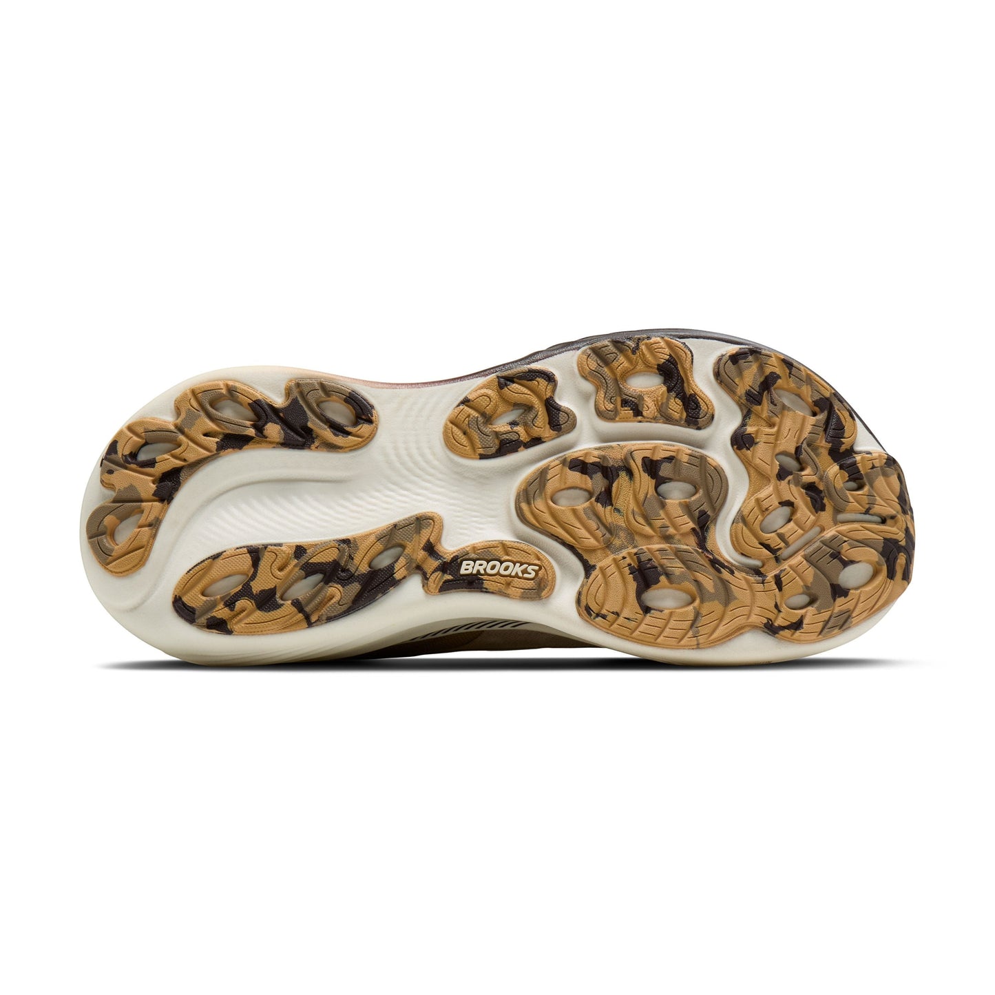 Allen's Bootery Women's Adrenaline 25 running shoe sole in beige, chocolate, and latte with Brooks logo.