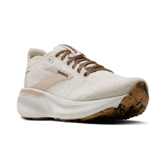 Allen's Bootery Women's Adrenaline 25 running shoes in coconut, tofu, and creme with brown laces and a speckled sole.