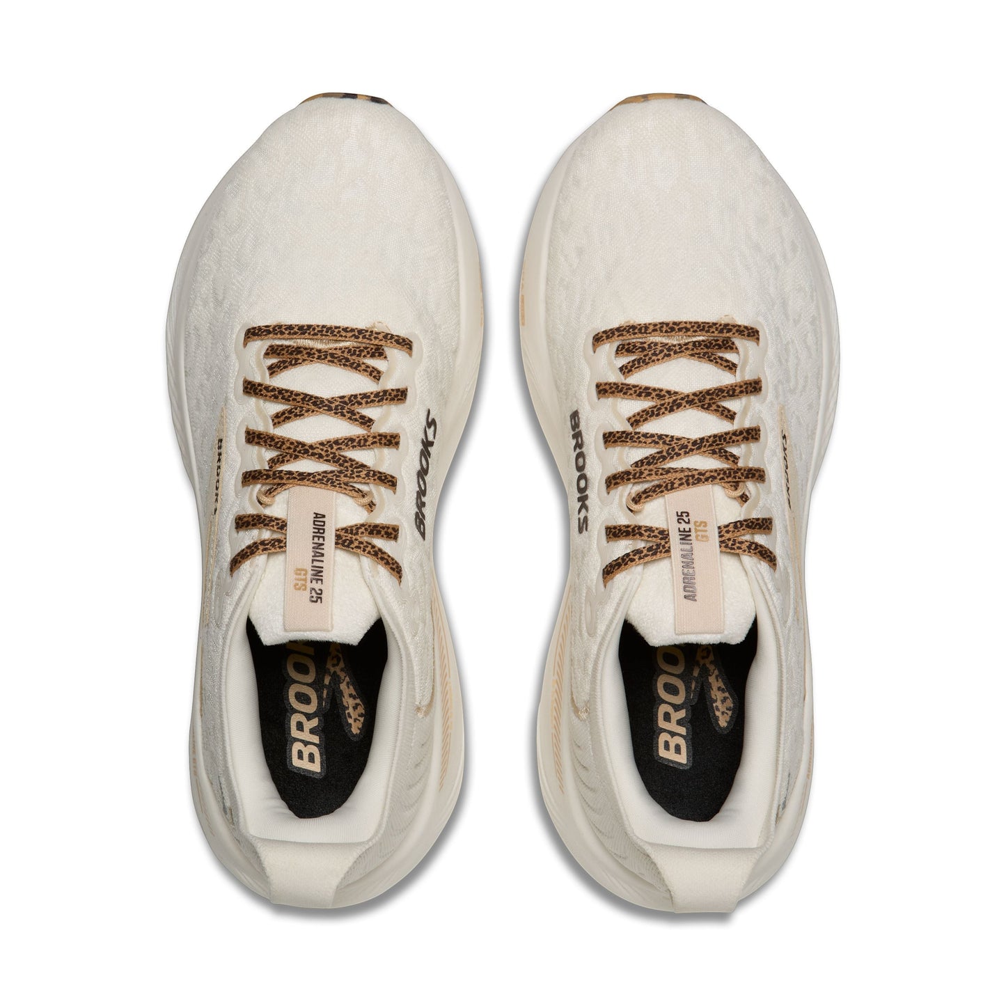 Allen's Bootery Women's Adrenaline 25 running shoes in coconut, tofu, and creme with leopard print laces and breathable mesh upper.
