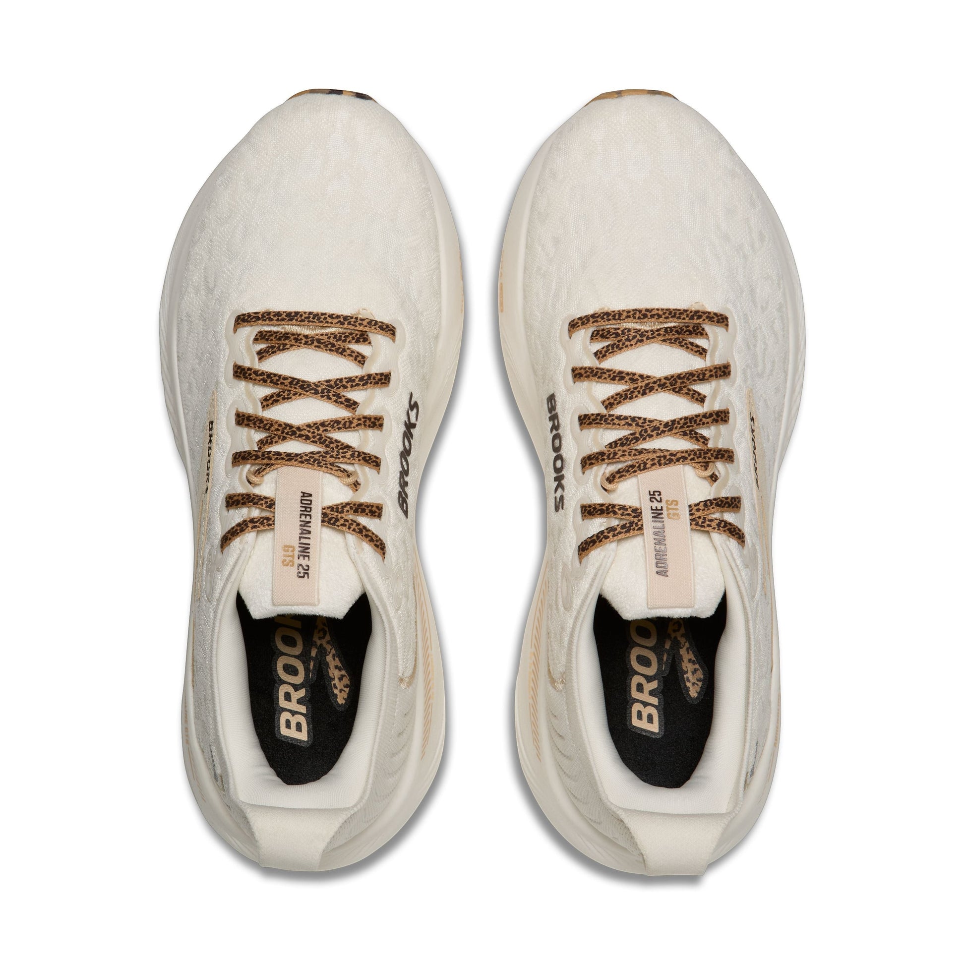 Allen's Bootery Women's Adrenaline 25 running shoes in coconut, tofu, and creme with leopard print laces and breathable mesh upper.