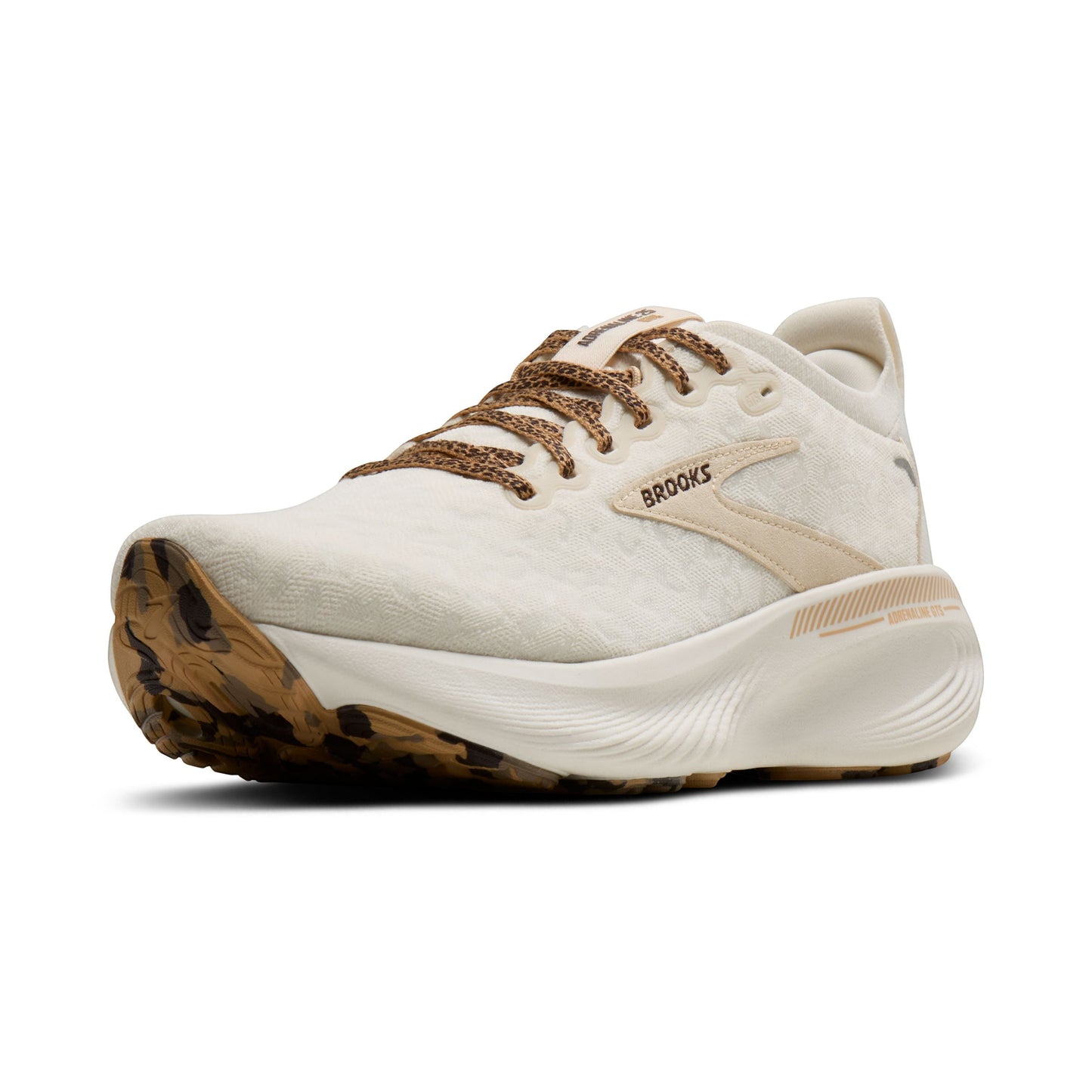 Allen's Bootery Women's Adrenaline 25 running shoes in cream with brown laces and leopard print sole detail. Features breathable upper and supportive cushioning.