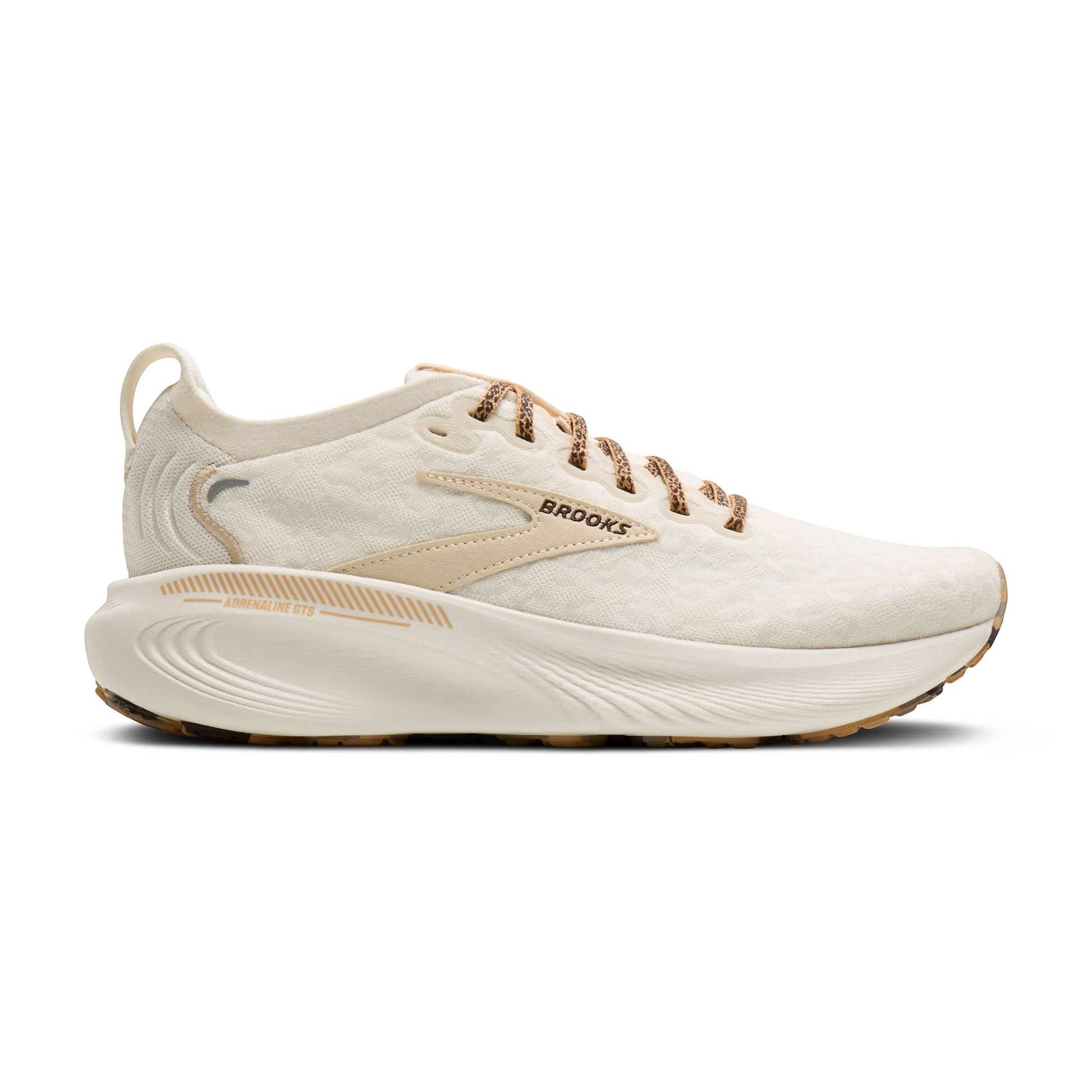 Allen's Bootery Women's Adrenaline 25 running shoes in cream with tan accents and leopard print laces. Features breathable upper and supportive cushioning.