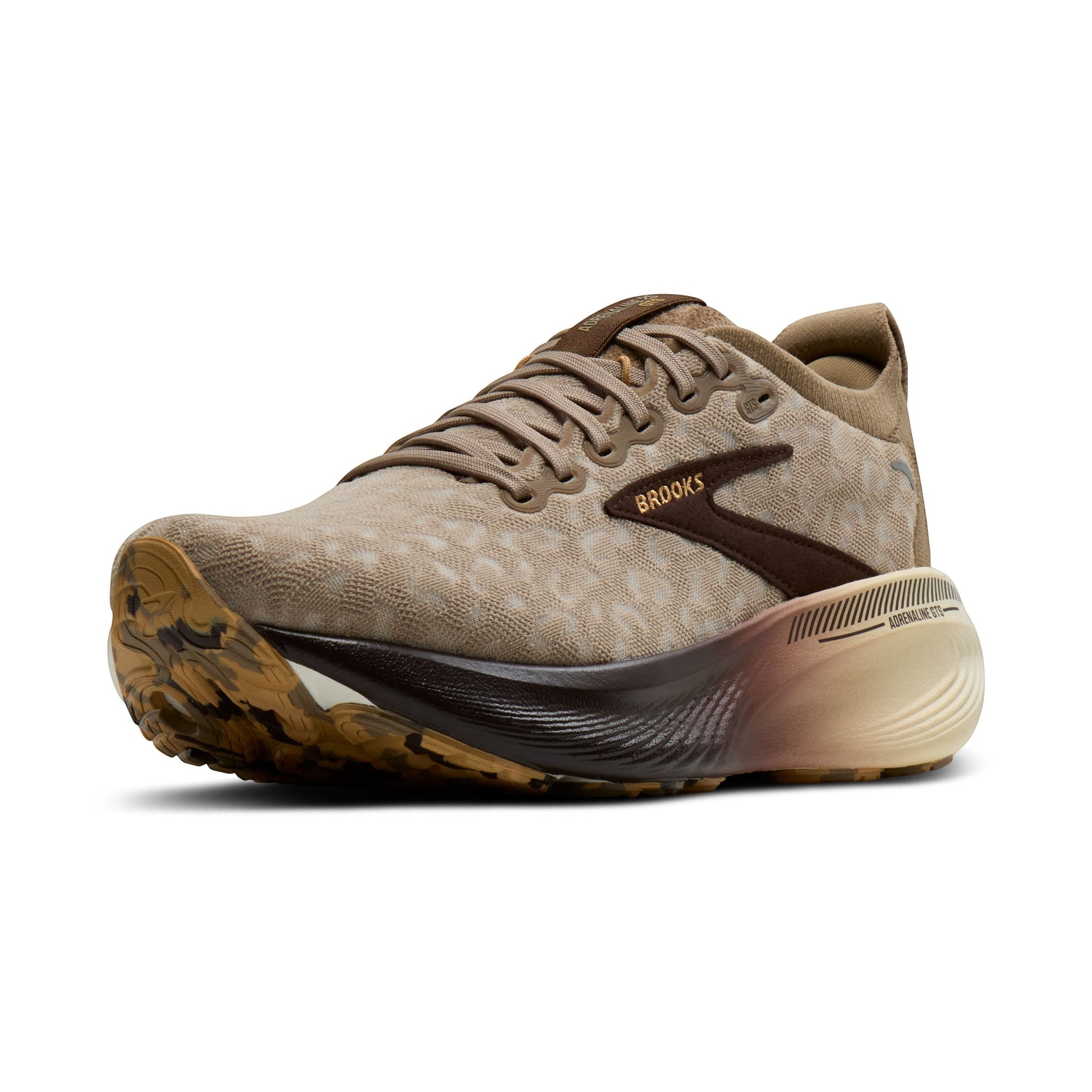 Allen's Bootery Women's Adrenaline 25 running shoes in greige/chocolate/latte with leopard print pattern and supportive cushioning.