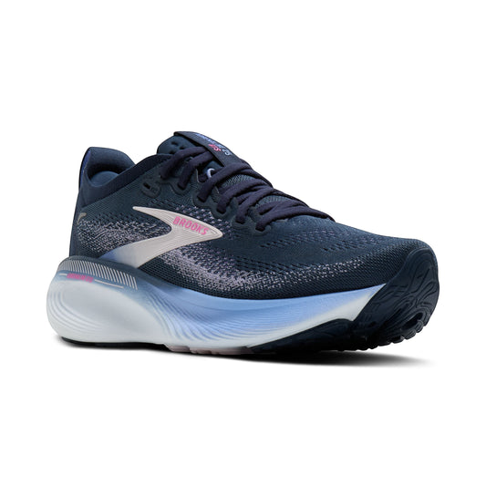Allen's Bootery Women's Adrenaline 25 navy blue running shoes with pink accents and light blue sole. Breathable mesh upper.