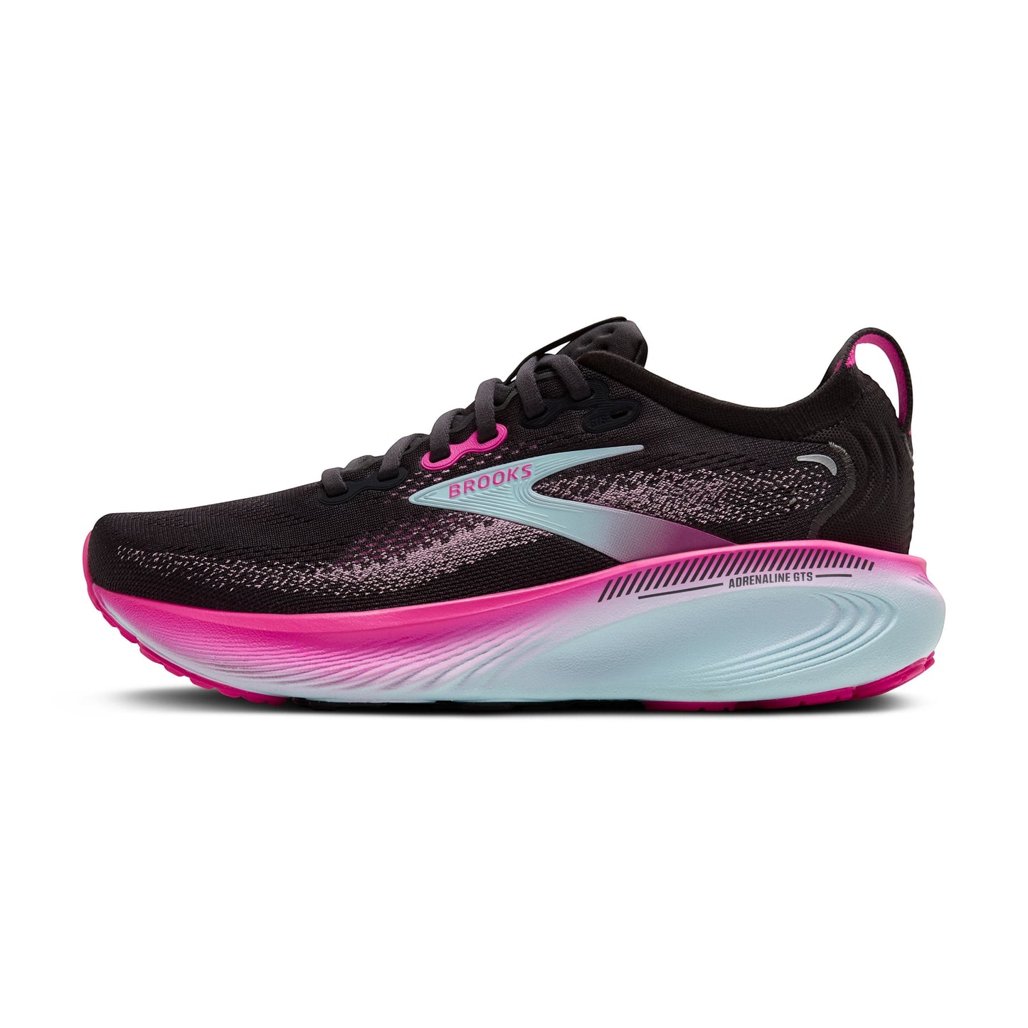 Allen's Bootery Women's Adrenaline GTS 25 black running shoes with pink and aqua accents. Features breathable mesh upper and supportive sole.