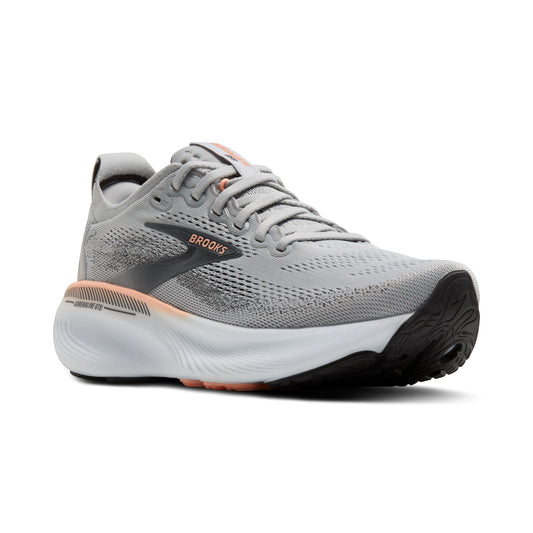 Allen's Bootery Women's Adrenaline GTS 25 grey, black, and coral running shoes with breathable mesh upper and supportive cushioning.