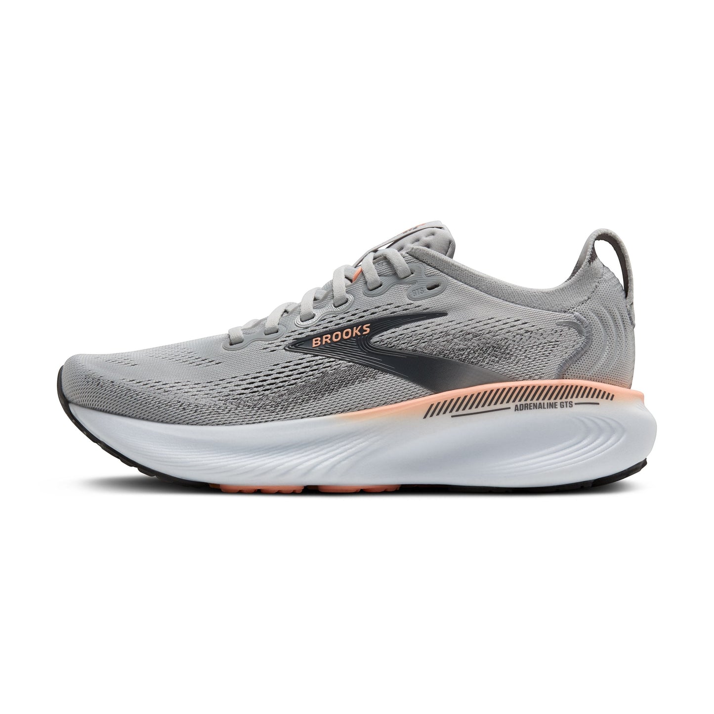Allen's Bootery Women's Adrenaline GTS 25 grey, black, and coral running shoe with breathable mesh upper and supportive cushioning.