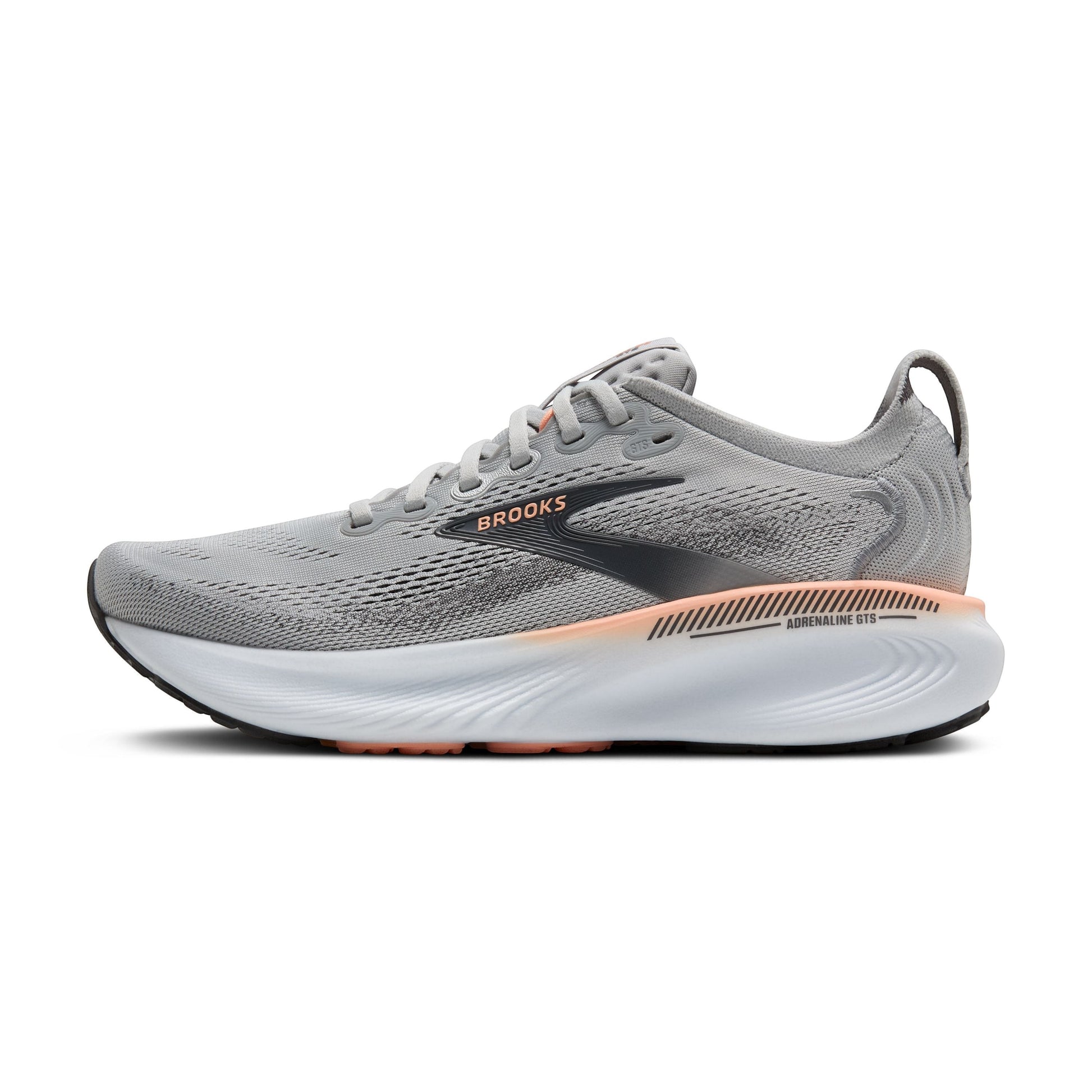 Allen's Bootery Women's Adrenaline GTS 25 grey, black, and coral running shoe with breathable mesh upper and supportive cushioning.