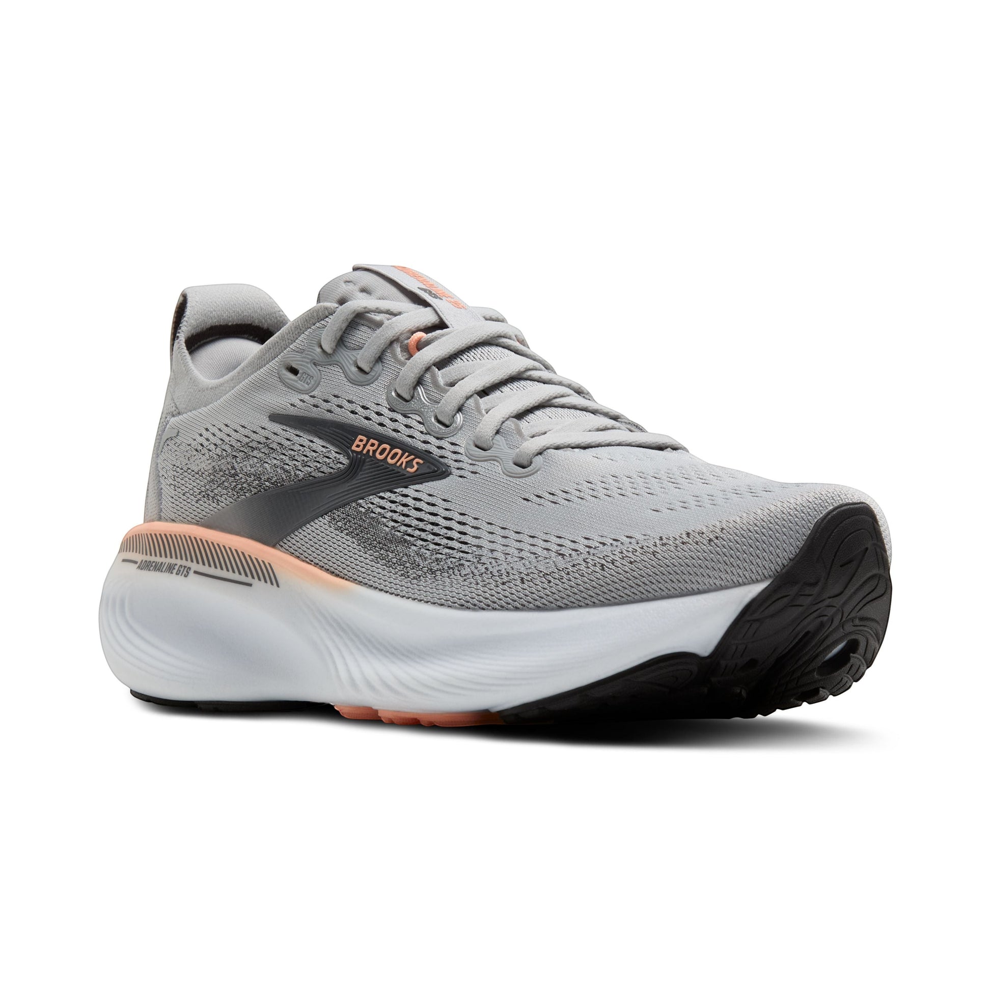 Allen's Bootery Women's Adrenaline GTS 25 grey, black, and coral running shoes with breathable mesh upper and supportive cushioning.