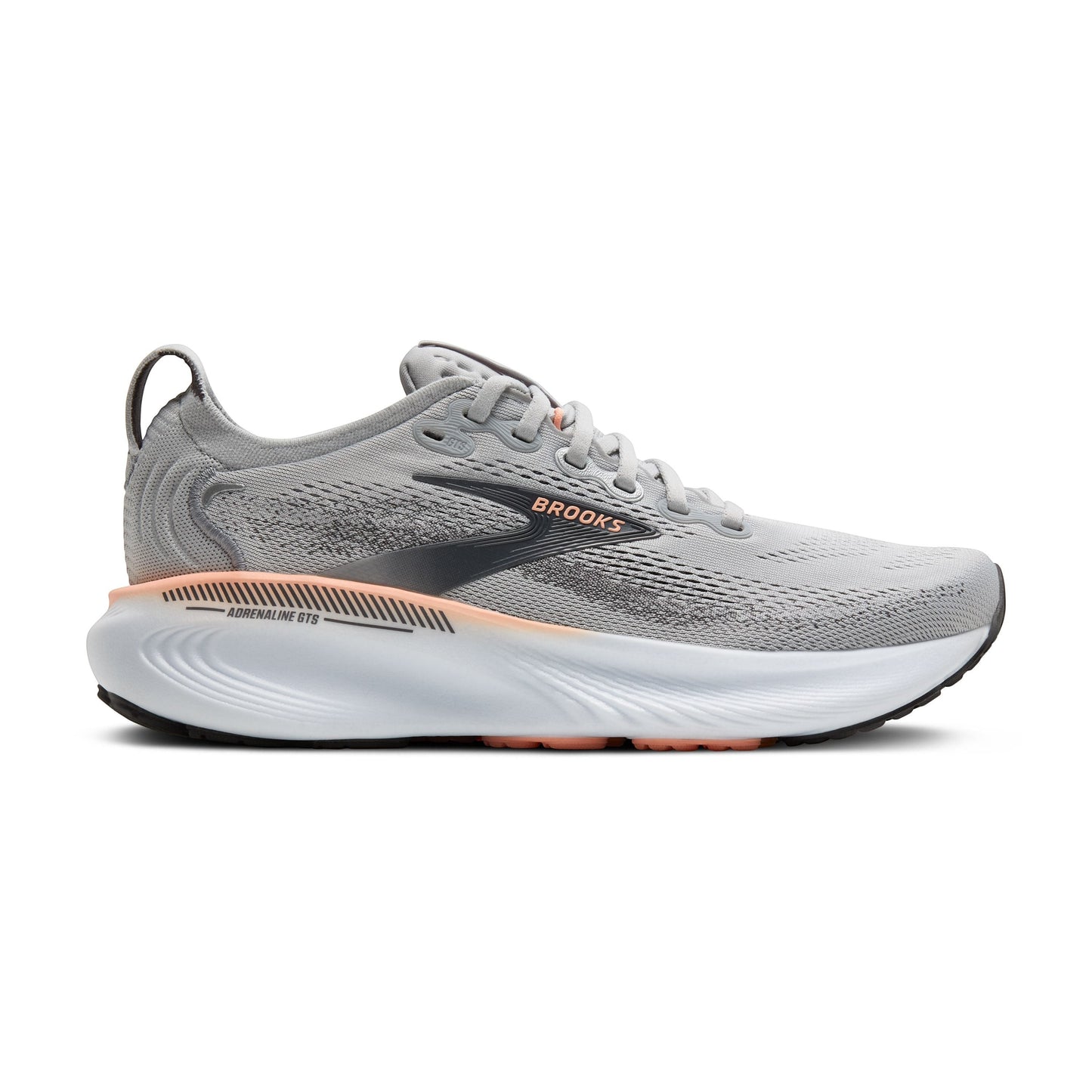 Allen's Bootery Women's Adrenaline GTS 25 grey, black, and coral running shoes with breathable mesh upper and supportive cushioning.