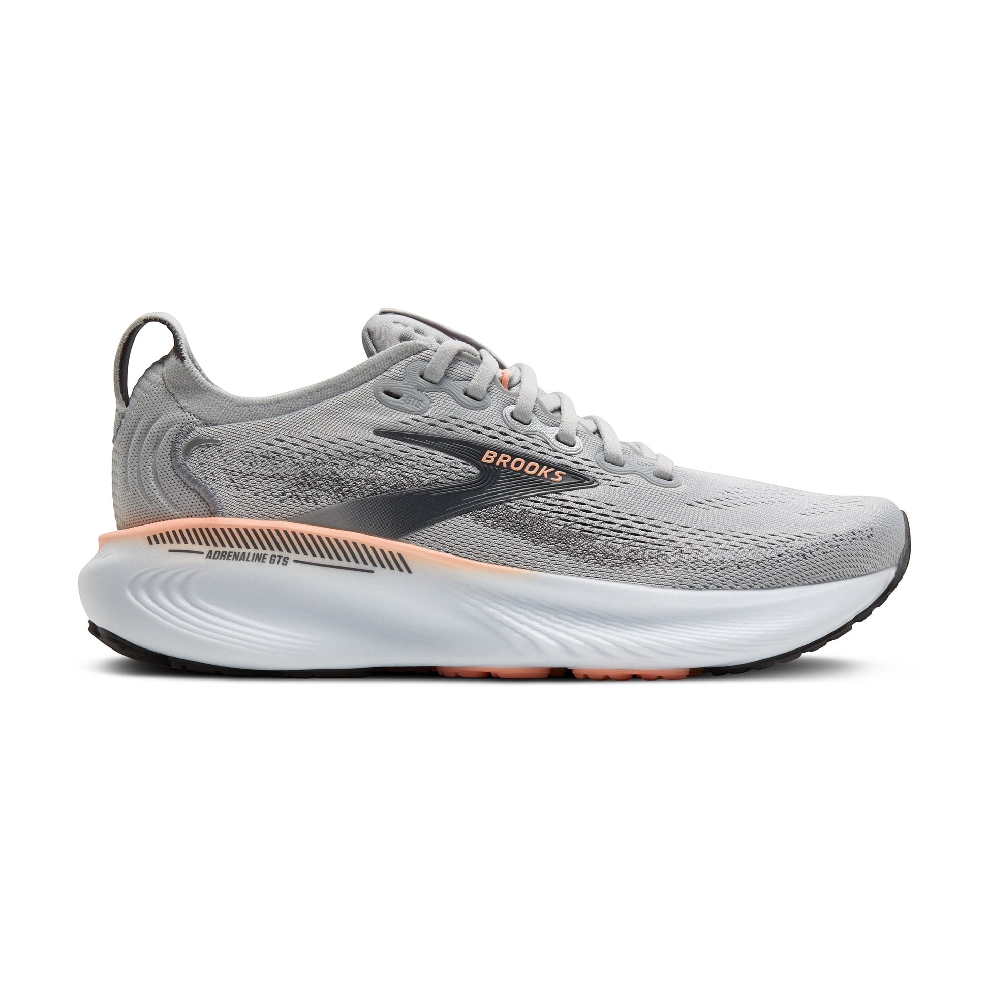 Allen's Bootery Women's Adrenaline GTS 25 grey, black, and coral running shoes with breathable mesh upper and supportive cushioning.
