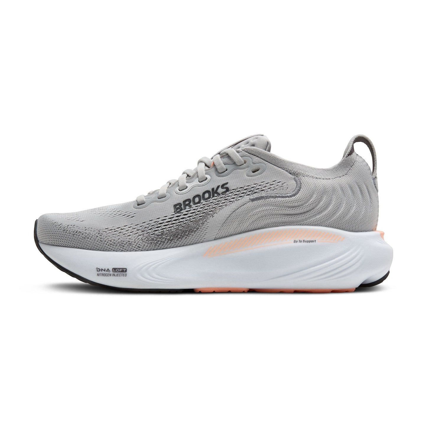 Allen's Bootery Women's Adrenaline GTS 25 grey, black, and coral running shoe with breathable mesh upper and supportive cushioning.