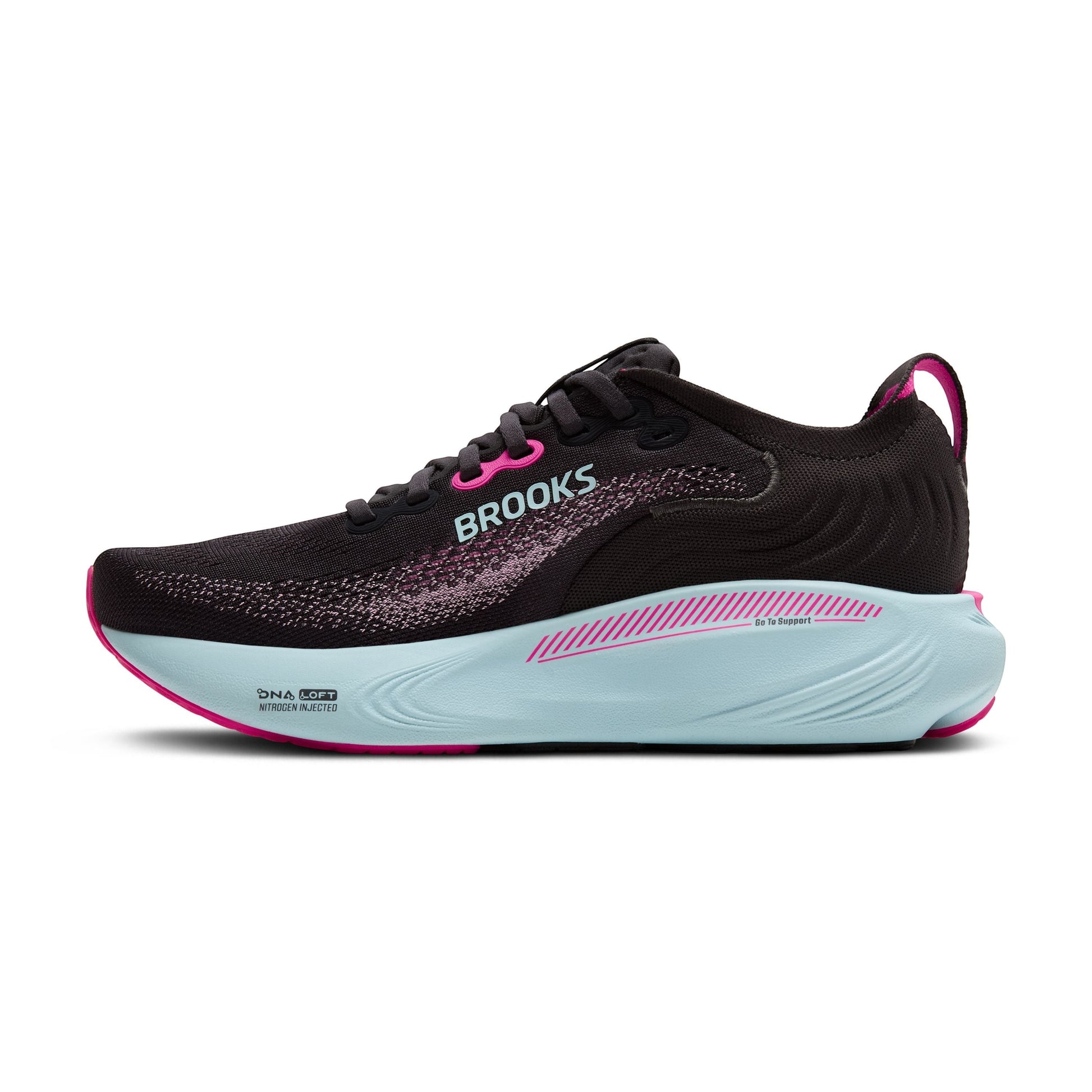 Allen's Bootery Women's Adrenaline GTS 25 black running shoe with cyber pink and iced aqua accents. Features breathable mesh upper and DNA LOFT cushioning.