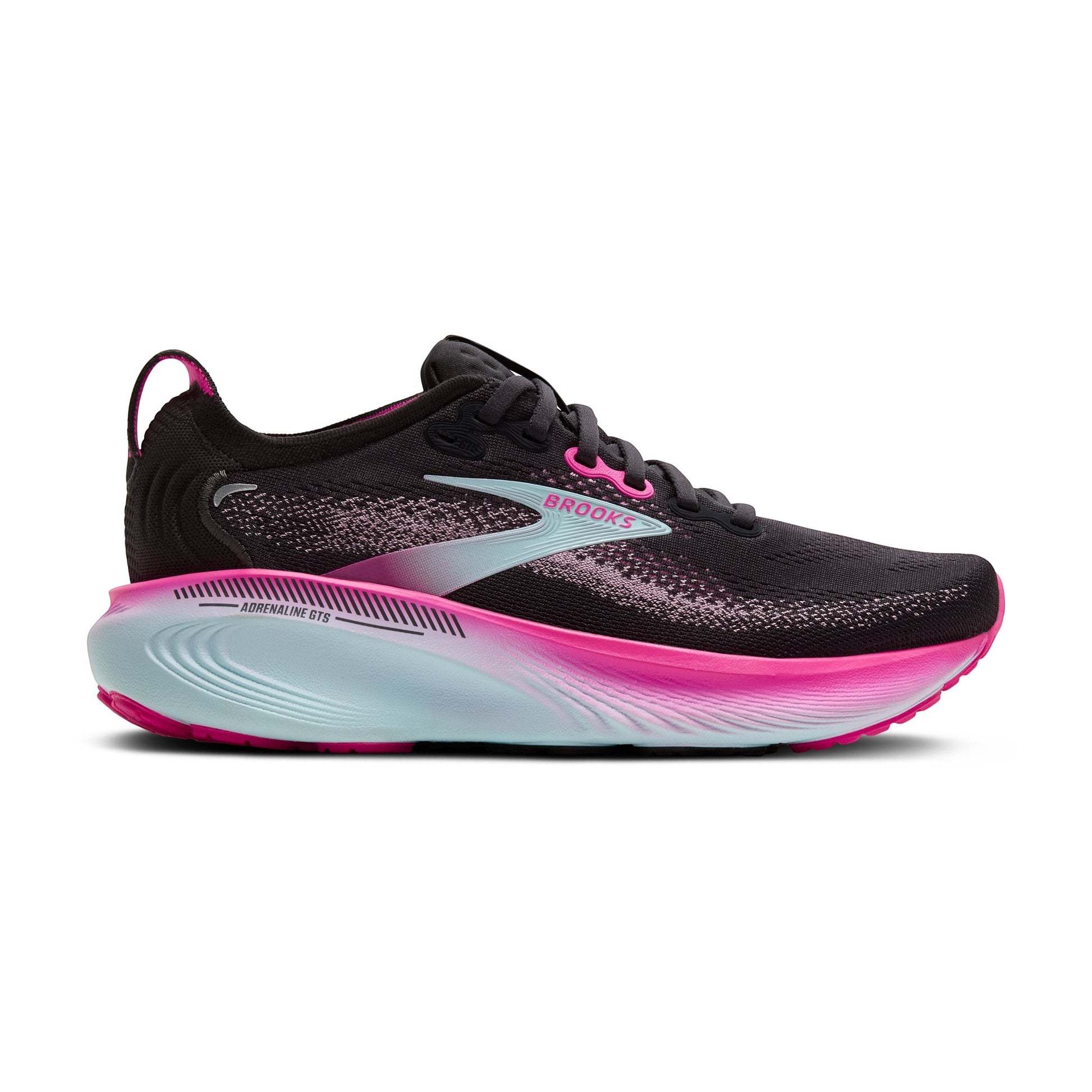 Allen's Bootery Women's Adrenaline GTS 25 running shoe in black with pink and aqua accents. Features breathable mesh upper and supportive sole.