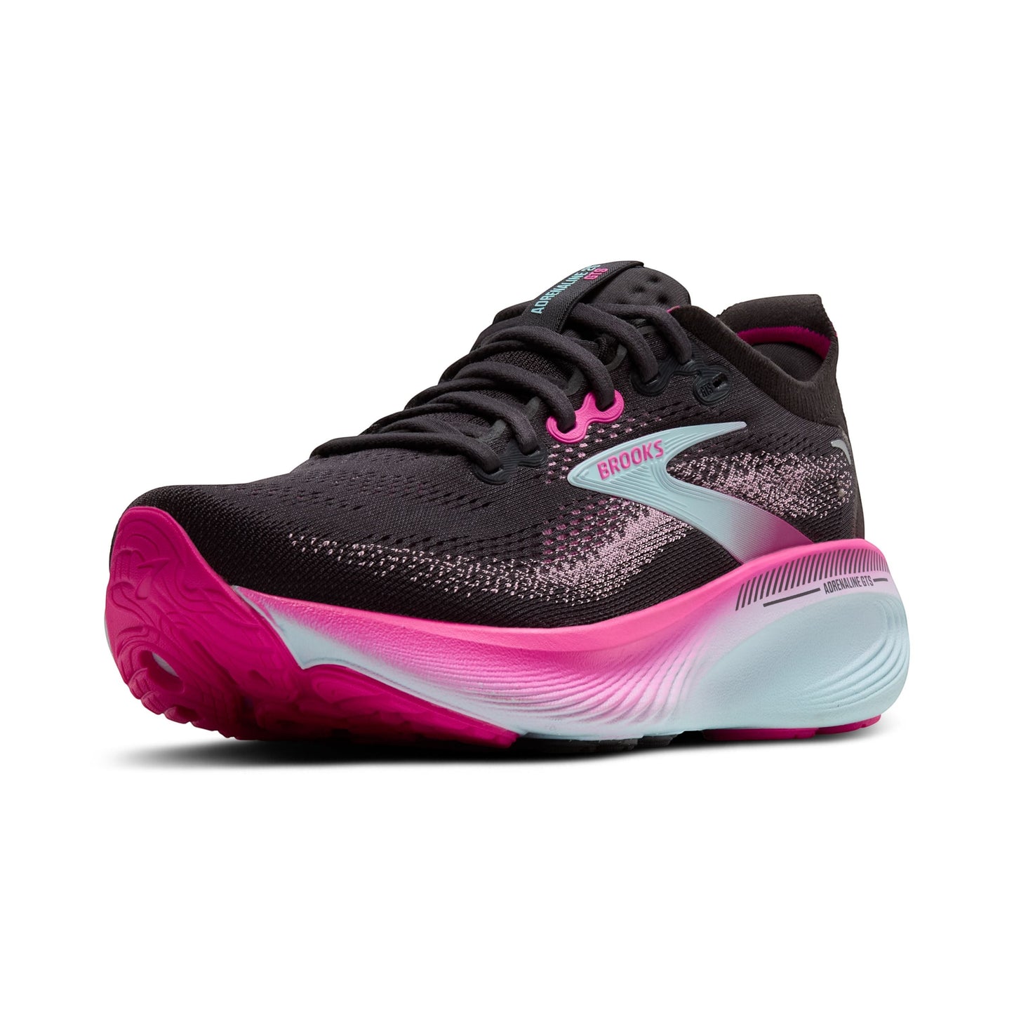 Allen's Bootery Women's Adrenaline GTS 25 black running shoes with pink and aqua accents. Features breathable mesh upper and supportive cushioning.