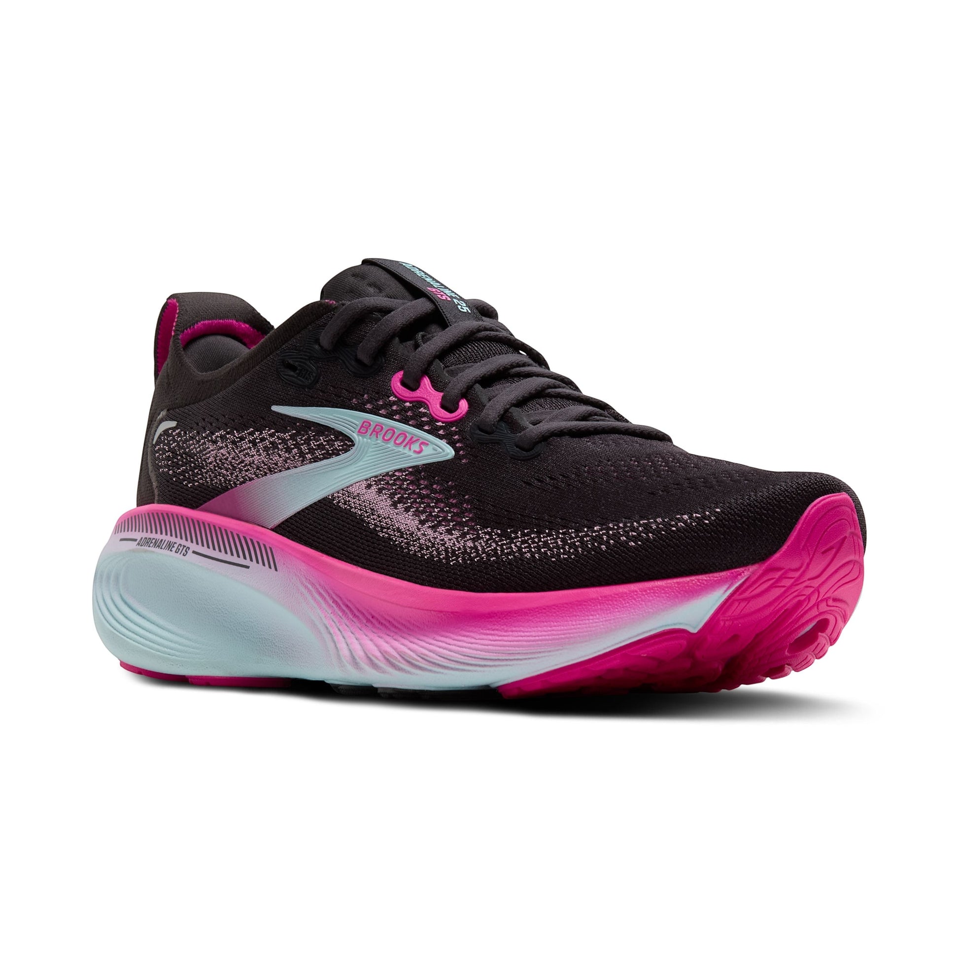 Allen's Bootery Women's Adrenaline GTS 25 black running shoes with pink and aqua accents, breathable mesh upper, and supportive cushioning.