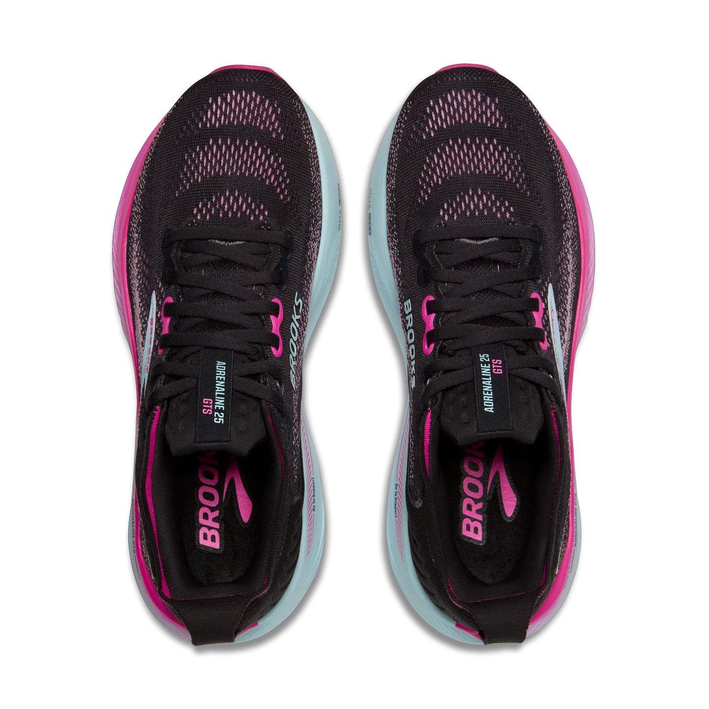 Allen's Bootery Women's Adrenaline GTS 25 black running shoes with cyber pink and iced aqua accents. Mesh upper, supportive cushioning.