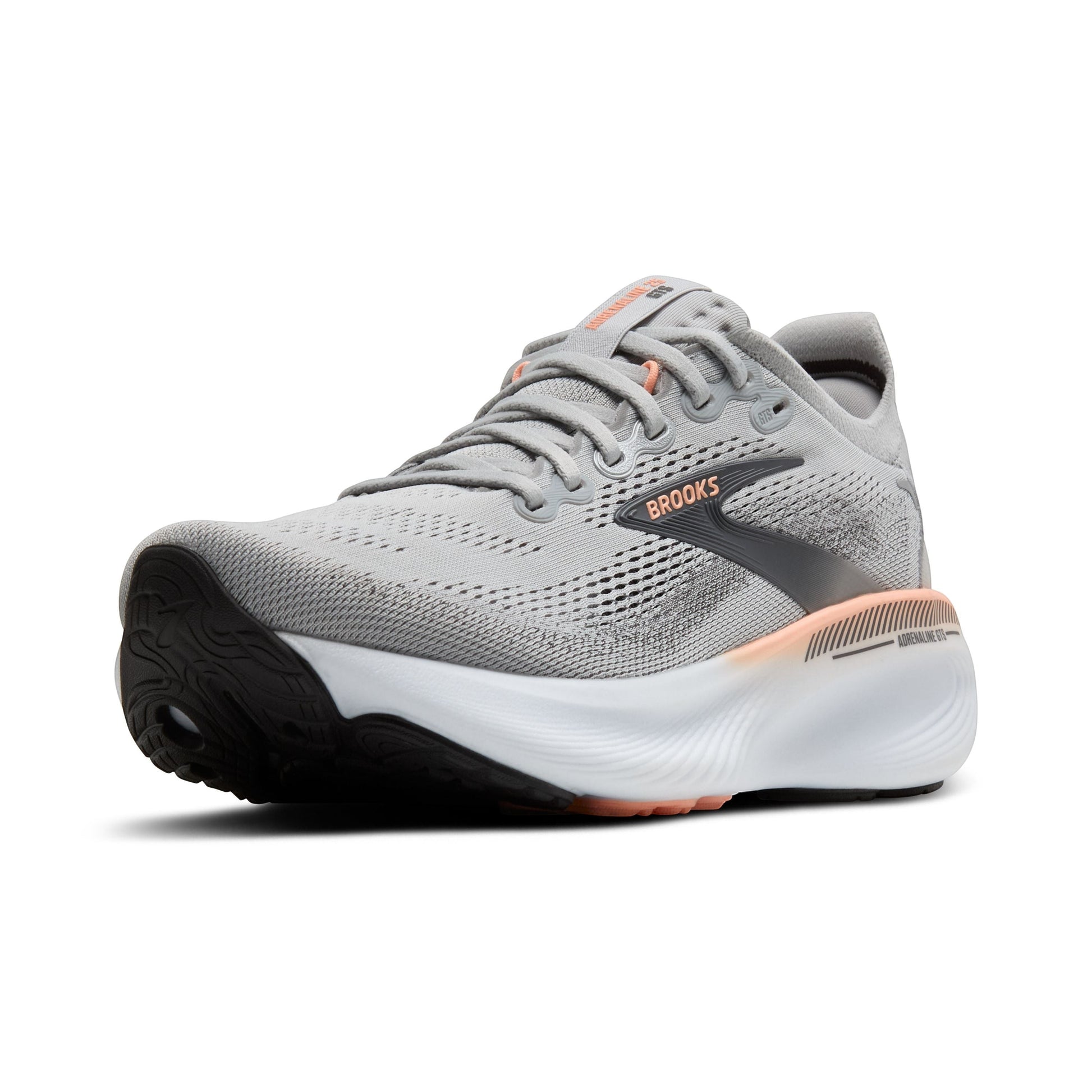 Allen's Bootery Women's Adrenaline GTS 25 grey, black, and coral running shoes with breathable mesh upper and supportive cushioning.