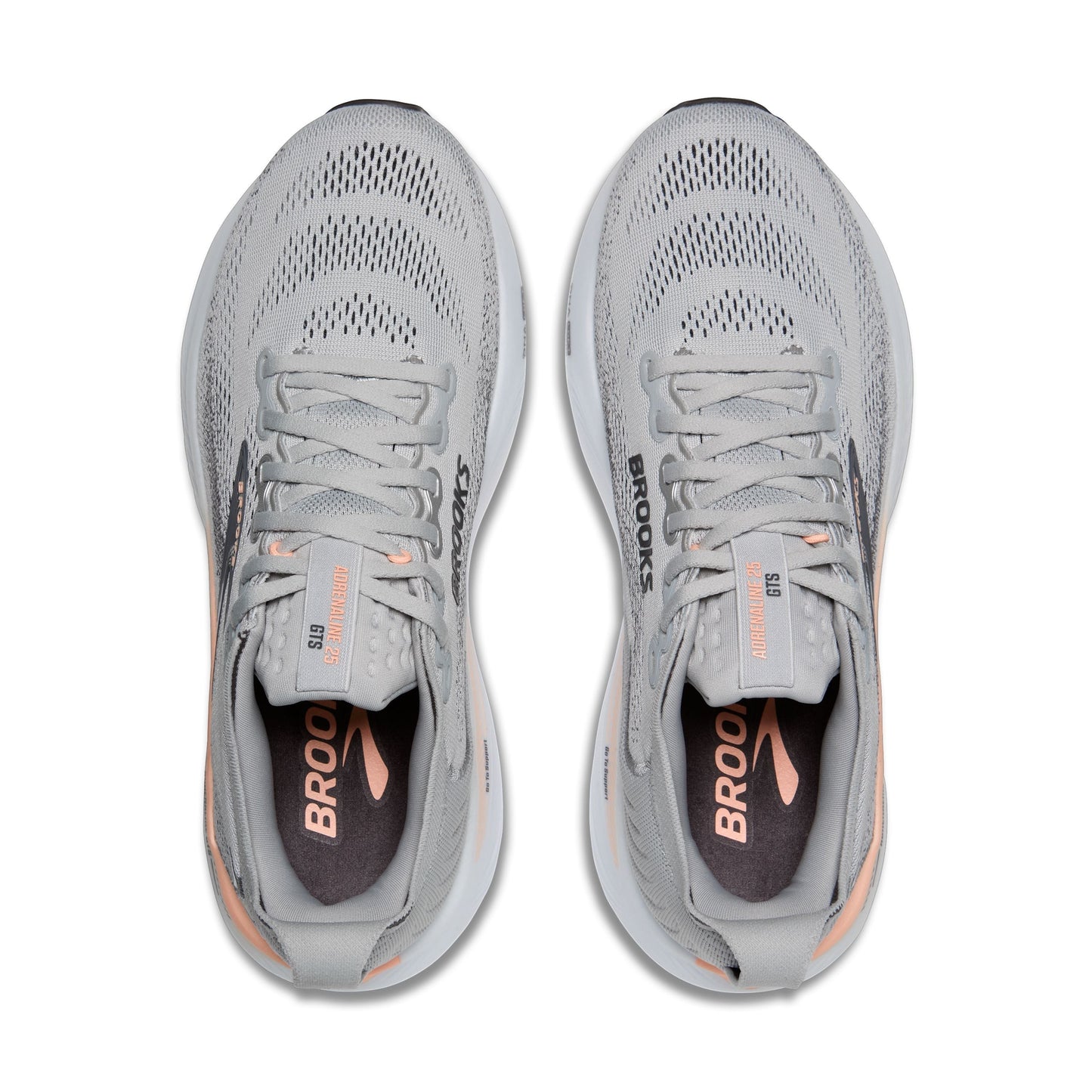 Allen's Bootery Women's Adrenaline GTS 25 running shoes in grey with coral accents. Breathable mesh upper and supportive cushioning.