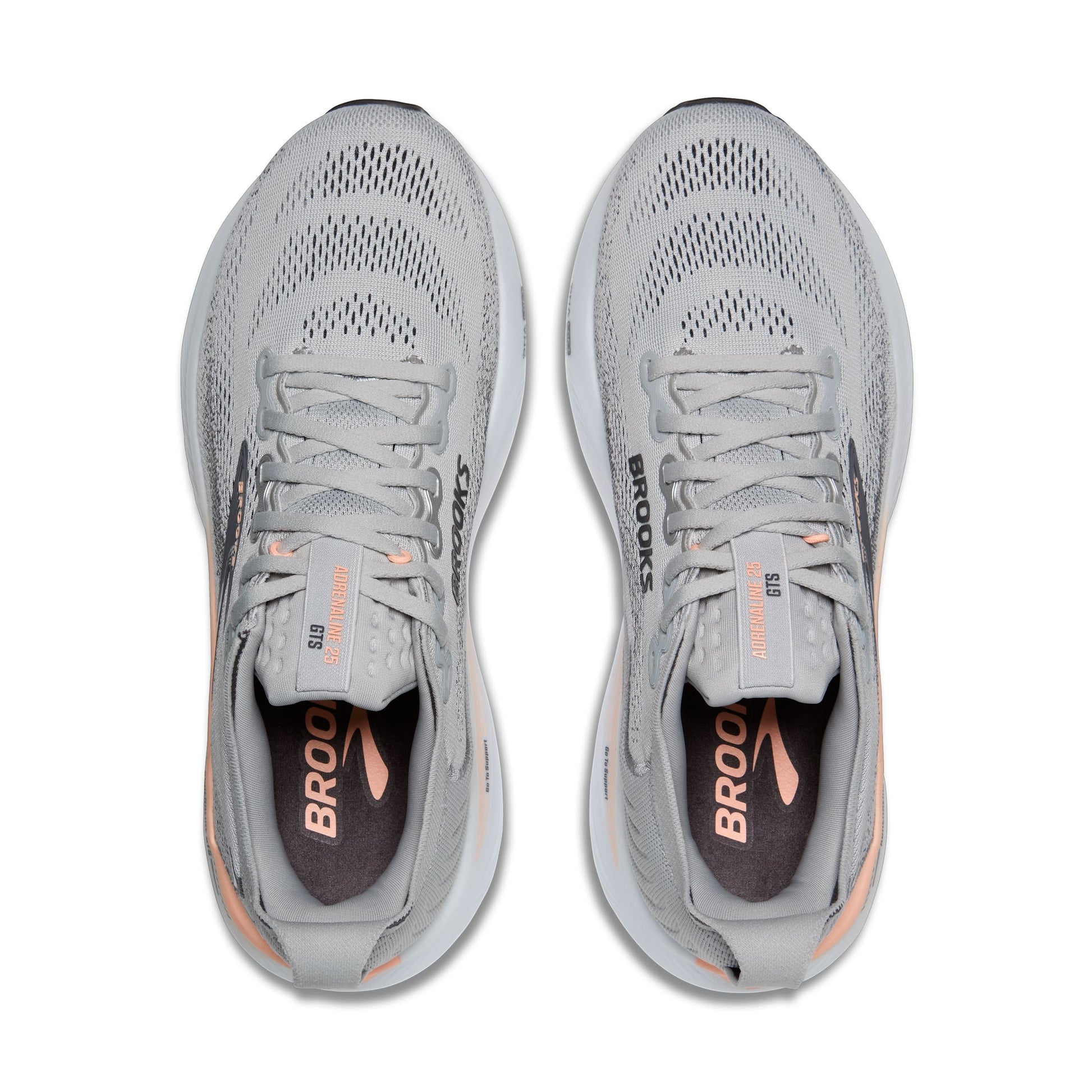 Allen's Bootery Women's Adrenaline GTS 25 running shoes in grey with coral accents. Breathable mesh upper and supportive cushioning.