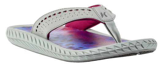 Allen's Bootery Women's Fish Flip sandals in grey with pink lining and a rainbow trout print footbed. Features decorative fish cutouts on the strap.