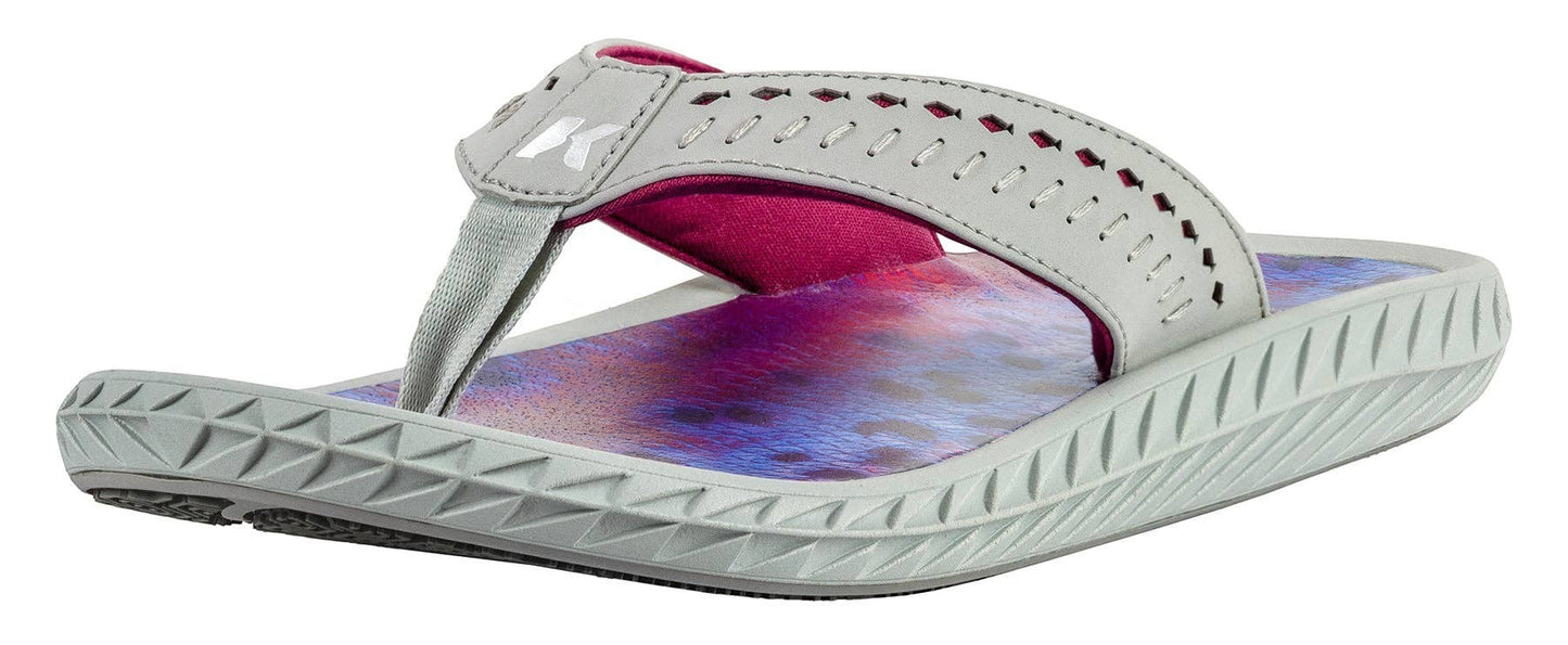 Allen's Bootery Women's Fish Flip sandals in grey with pink lining and a vibrant rainbow trout print footbed.