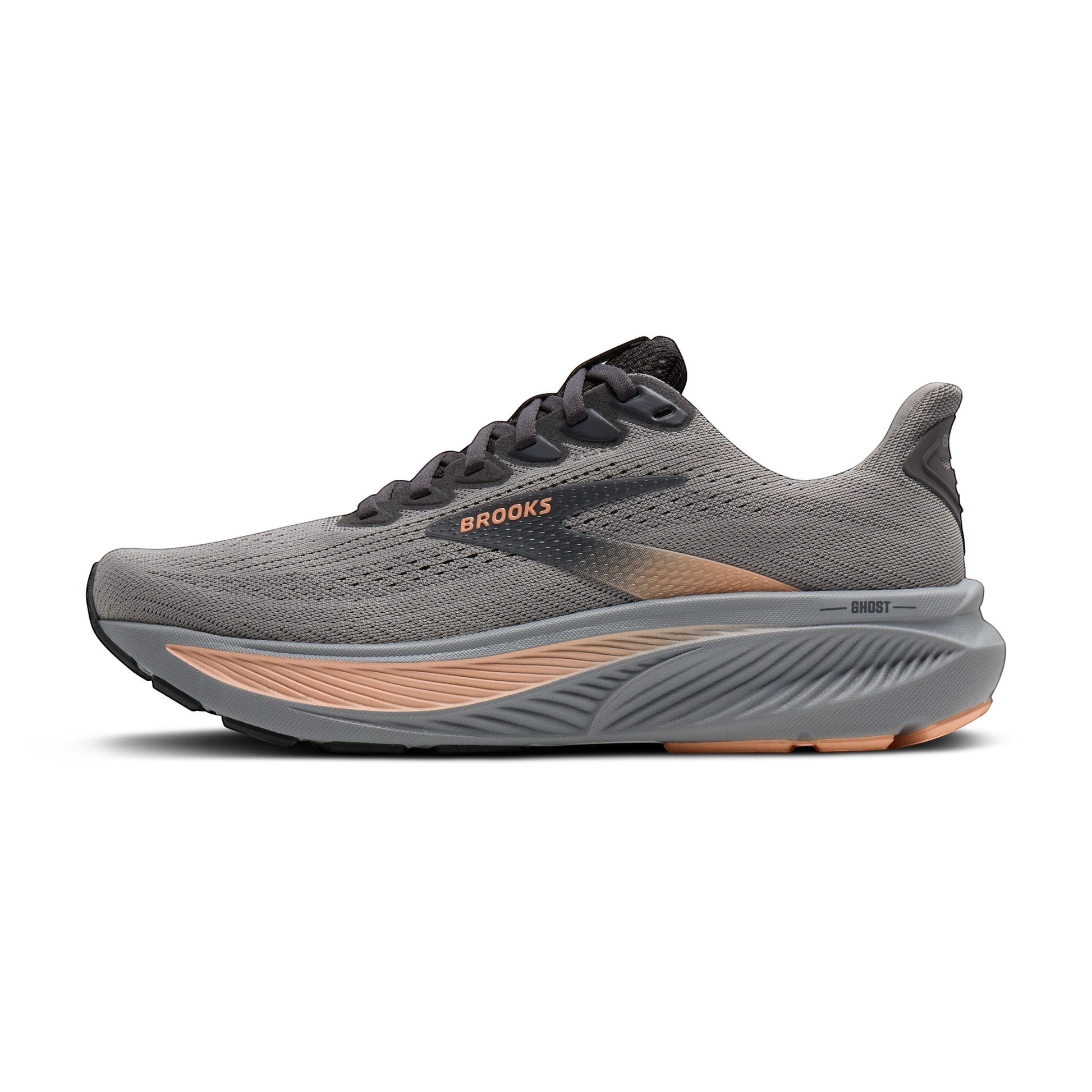 Allen's Bootery Women's Ghost 17 grey mesh road running shoes with peach accents and cushioned sole.