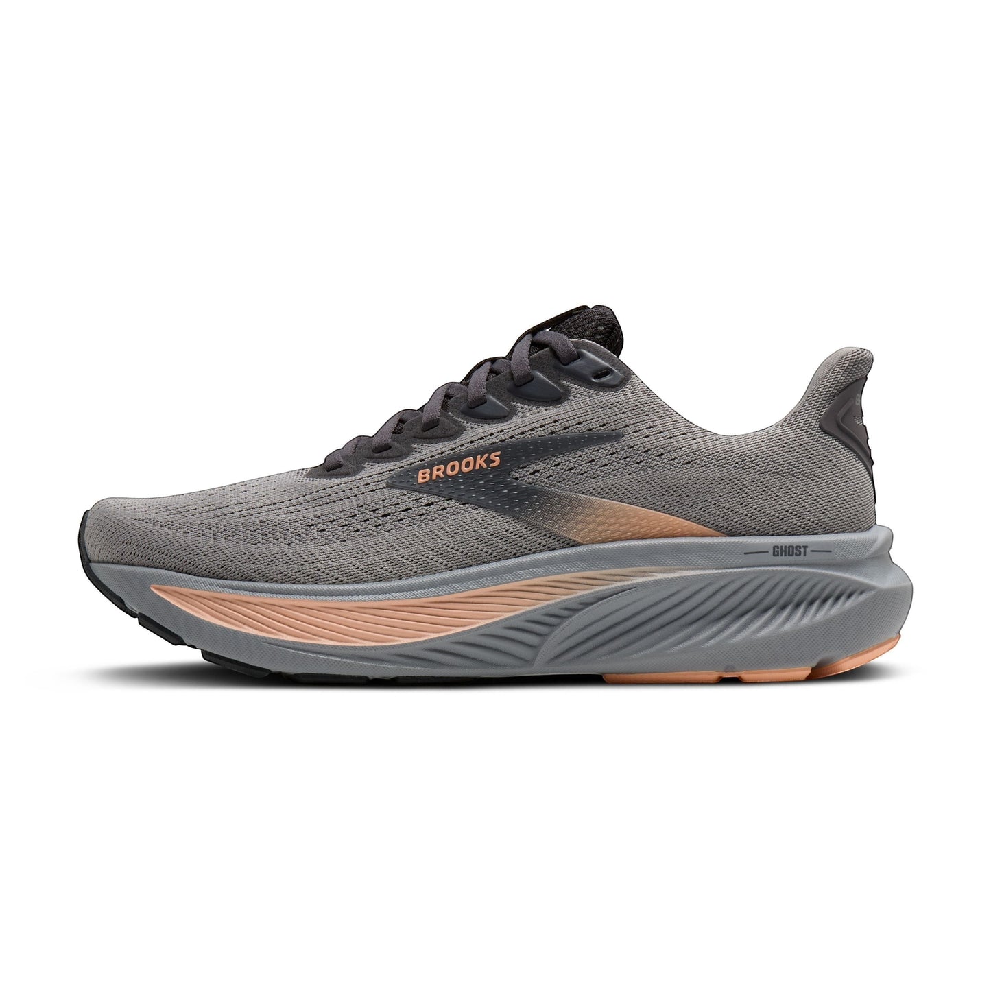 Allen's Bootery Women's Ghost 17 grey mesh running shoes with peach accents and a black sole.
