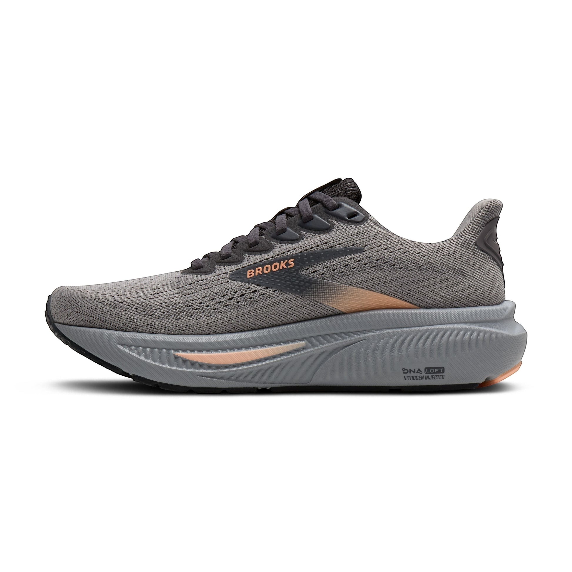 Allen's Bootery Women's Ghost 17 grey knit road running shoes with peach accents and cushioned sole.