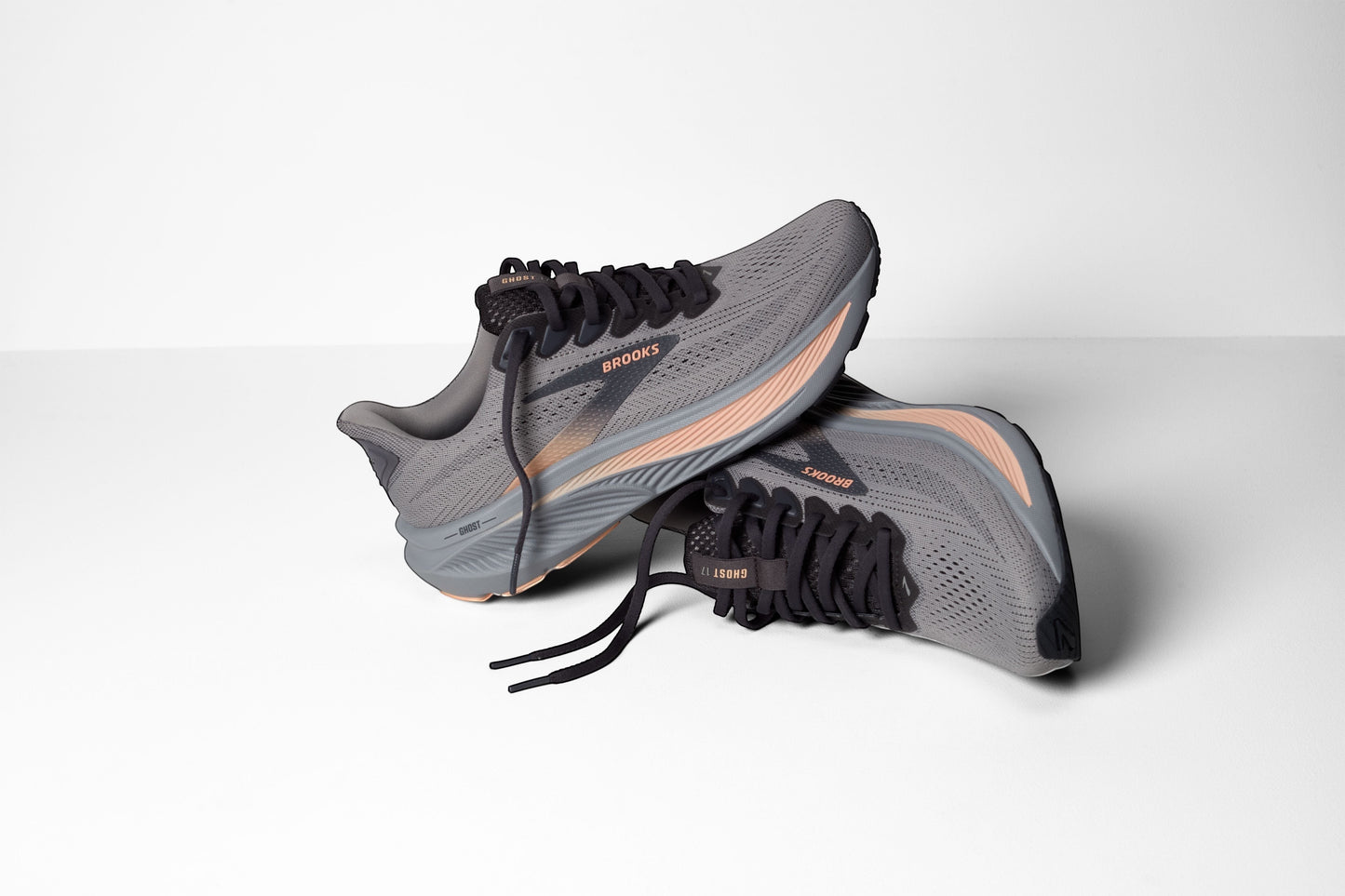 Allen's Bootery Women's Ghost 17 grey mesh running shoes with black laces and peach accents.