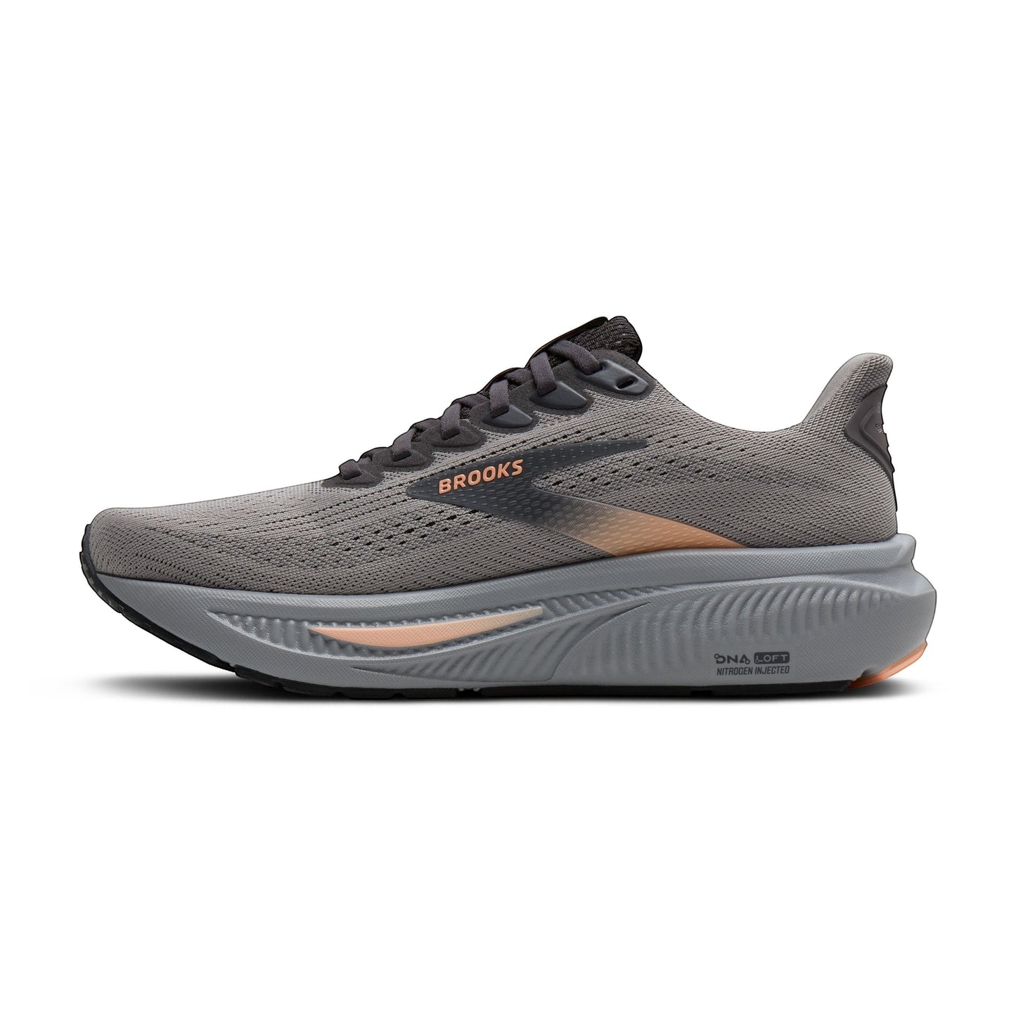 Allen's Bootery Women's Ghost 17 grey knit running shoes with black and peach accents. Neutral support, 10mm drop.