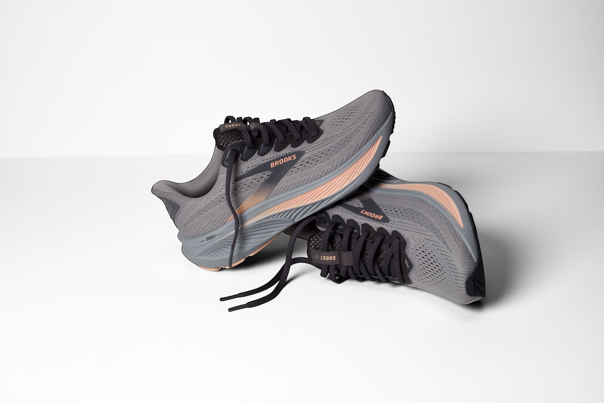 Allen's Bootery Women's Ghost 17 grey mesh running shoes with black laces and peach accents. Neutral support, 10mm drop.