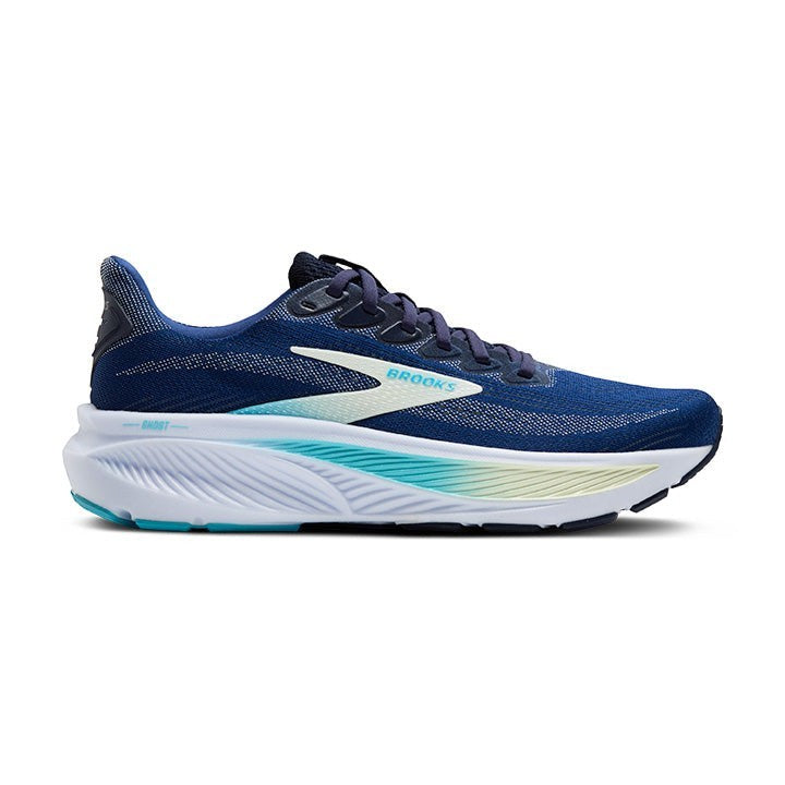 Allen's Bootery Women's Ghost 17 navy blue running shoes with green and turquoise accents on the sole. Features a breathable mesh upper.