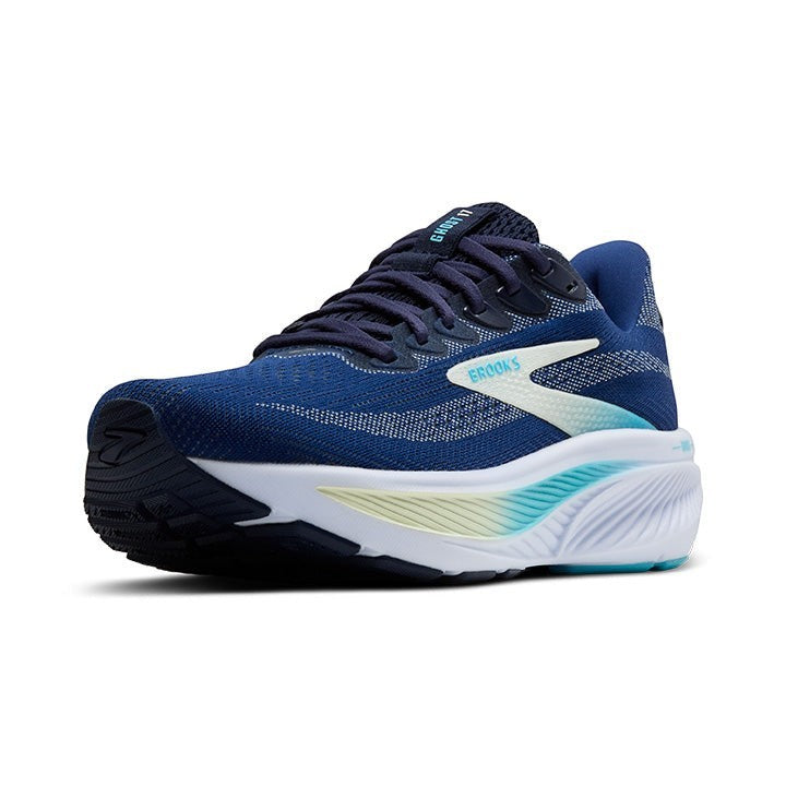 Allen's Bootery Women's Ghost 17 navy blue running shoes with green and turquoise accents. Features updated structure and cushioning.