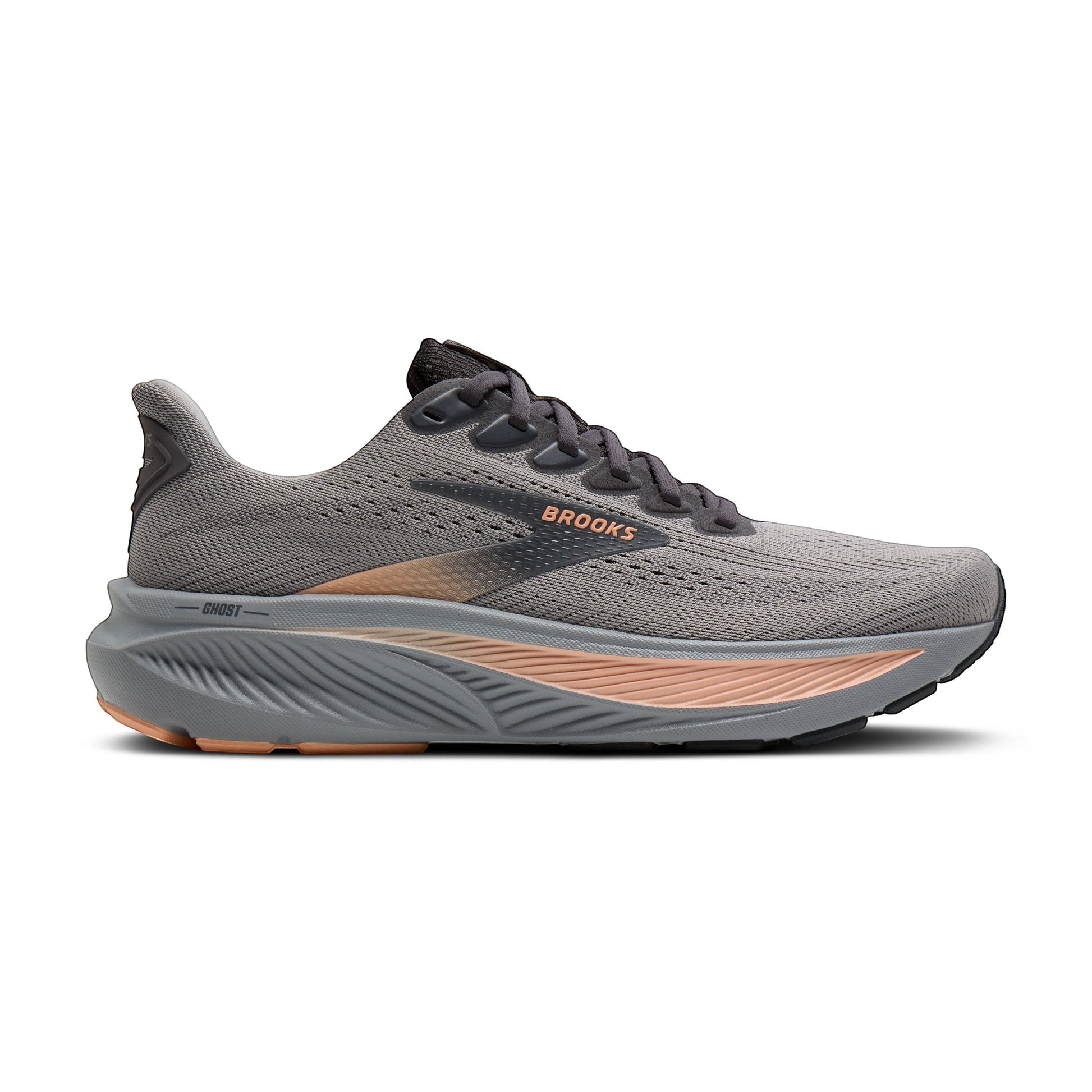 Allen's Bootery Women's Ghost 17 neutral road running shoe in alloy grey with blackened pearl and peach accents. Features breathable mesh upper and cushioned sole.