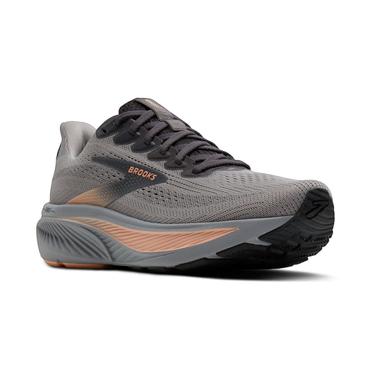 Allen's Bootery Women's Ghost 17 neutral road running shoe in grey with peach and black accents. Features mesh upper and cushioned sole.