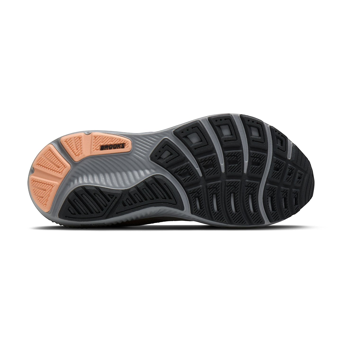 Allen's Bootery Women's Ghost 17 running shoe sole in alloy, black, and peach. Features segmented cushioning and Brooks branding.