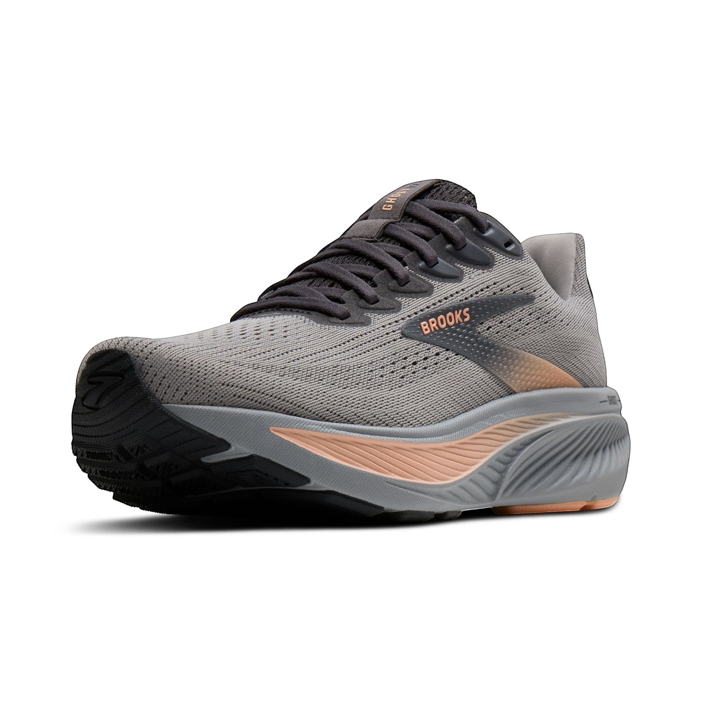Allen's Bootery Women's Ghost 17 alloy, blackened pearl, and peach running shoes with mesh upper and cushioned sole.