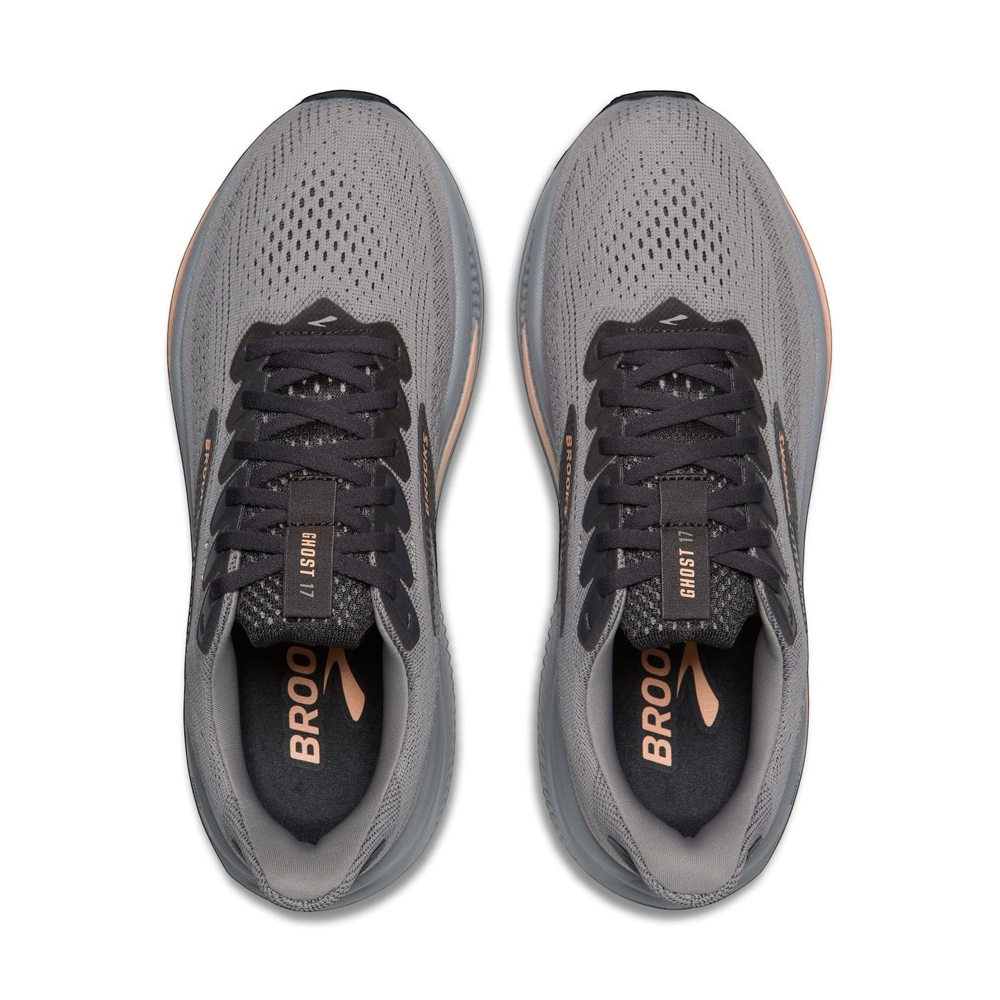 Allen's Bootery Women's Ghost 17 alloy and blackened pearl running shoes with peach accents. Breathable mesh upper and cushioned sole.