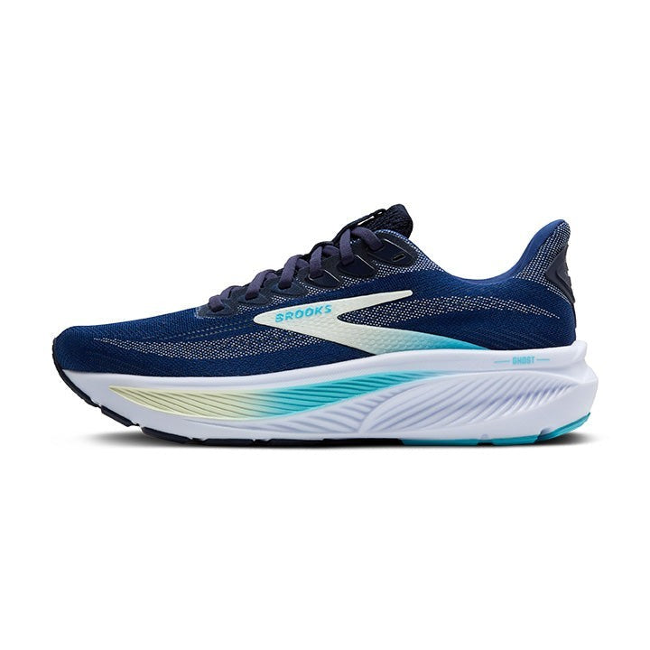Allen's Bootery Women's Ghost 17 navy, green, and turquoise running shoes with cushioned sole and breathable mesh upper.