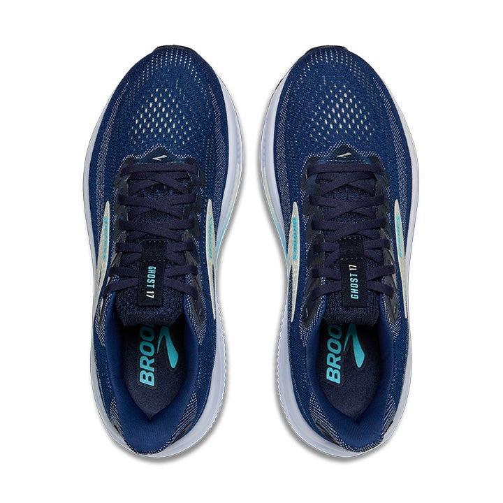 Allen's Bootery Women's Ghost 17 navy blue running shoes with green and turquoise accents. Features mesh upper and cushioned sole.