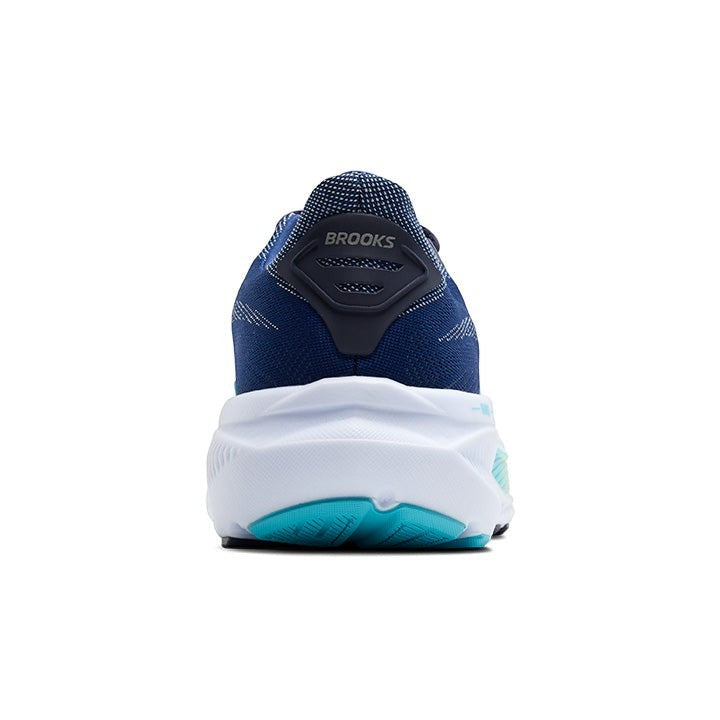 Allen's Bootery Women's Ghost 17 navy, green, and turquoise running shoes with white midsole. Features updated structure and cushioning.