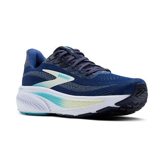 Allen's Bootery Women's Ghost 17 navy blue running shoes with green and turquoise accents on the sole. Features a breathable mesh upper and cushioned midsole.
