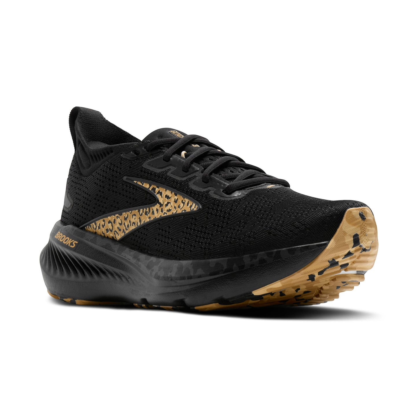 Allen's Bootery Women's Glycerin 23 black running shoes with leopard print accents and gold Brooks logo.