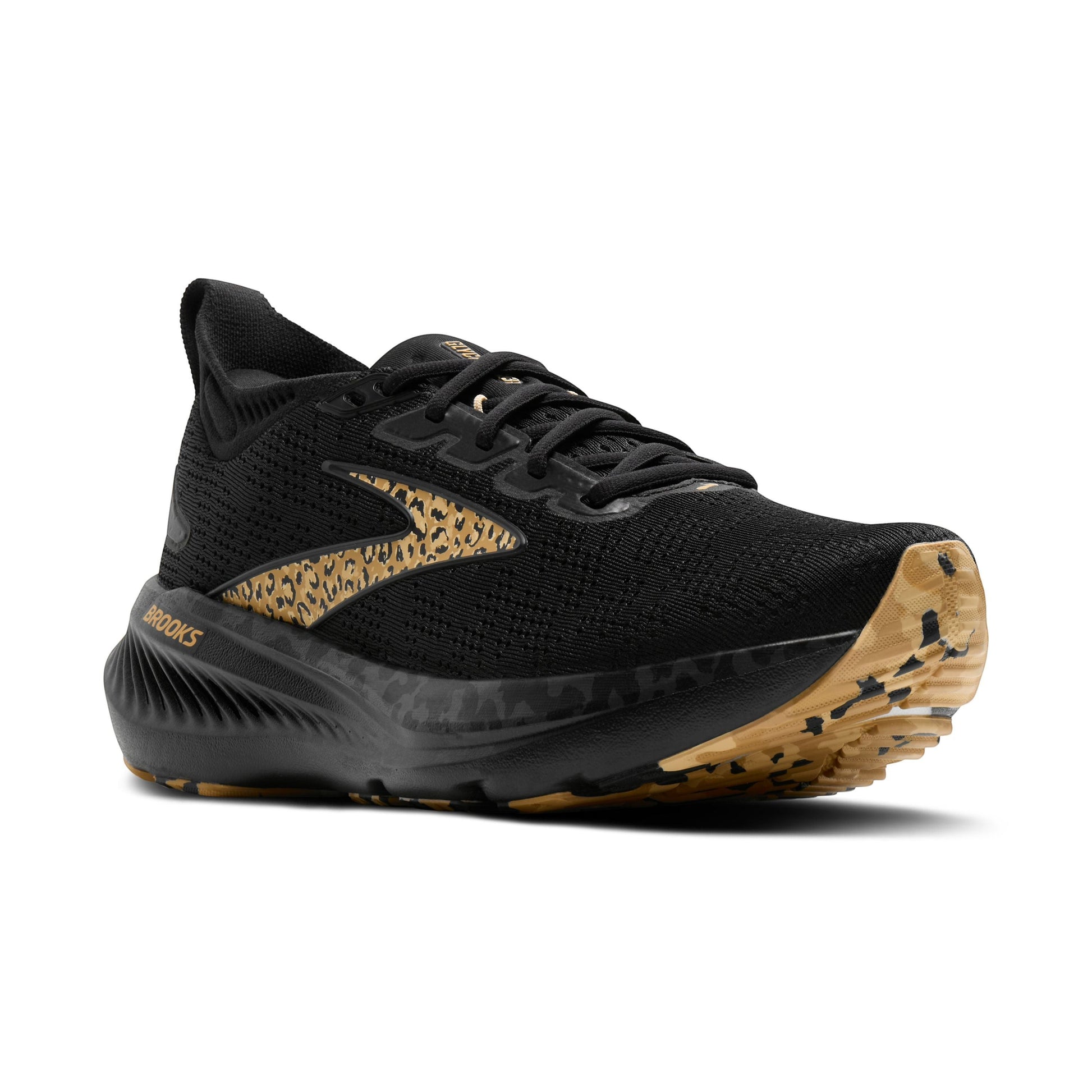 Allen's Bootery Women's Glycerin 23 black running shoes with leopard print accents and gold Brooks logo.