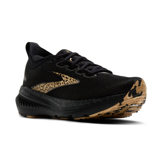 Allen's Bootery Women's Glycerin 23 black running shoes with leopard print accents and gold detailing.