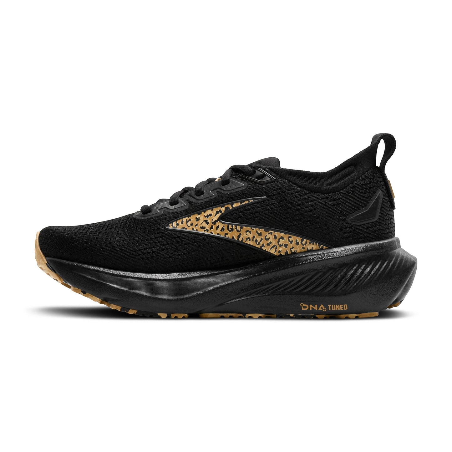 Allen's Bootery Women's Glycerin 23 black running shoes with leopard print accents and a gum sole.